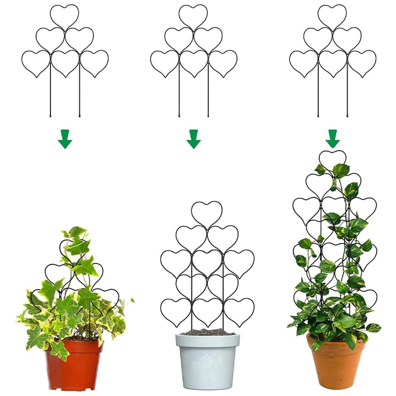 Garvee 12-Pack Heart-Shaped Metal Trellis for Climbing Plants, Stackable Rust-Resistant Garden Trellis for Potted Vines, Ivy, Pothos & Hoya, Indoor Outdoor Plant Support with Ties