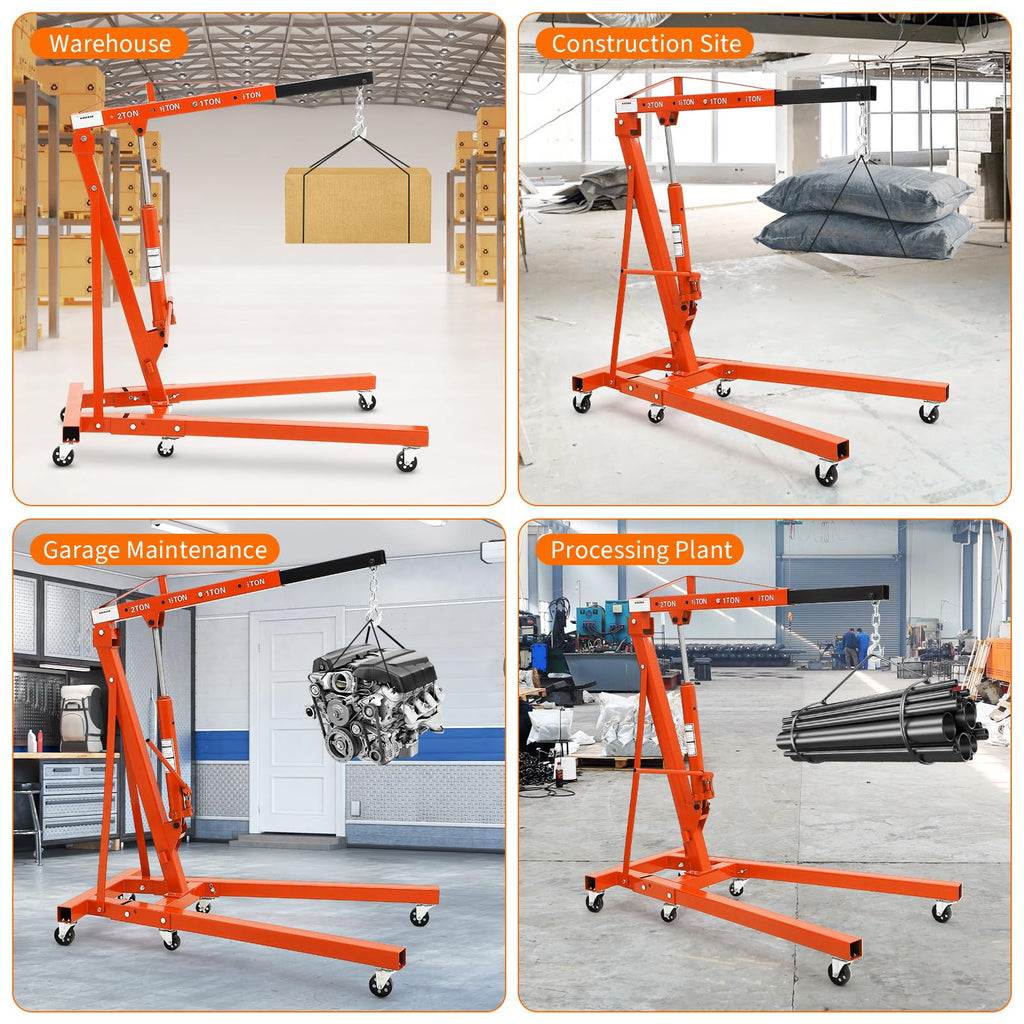 Garvee 2-Ton Hydraulic Folding Engine Hoist Cherry Picker – 4400 Lb Capacity, Telescoping Boom, 6 Caster Wheels – Heavy Duty Shop Crane for Automotive Repair, Garage & Workshop – Orange without stabilizer, 2T