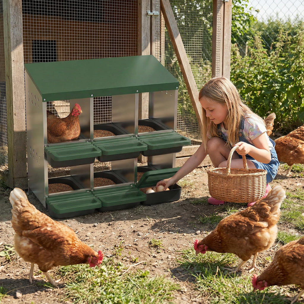 Garvee 6-Hole Chicken Nesting Box Metal Coop with Roll Away Design & Ventilation Holes Galvanized Steel Removable Lid Green for Backyard & Small Farms