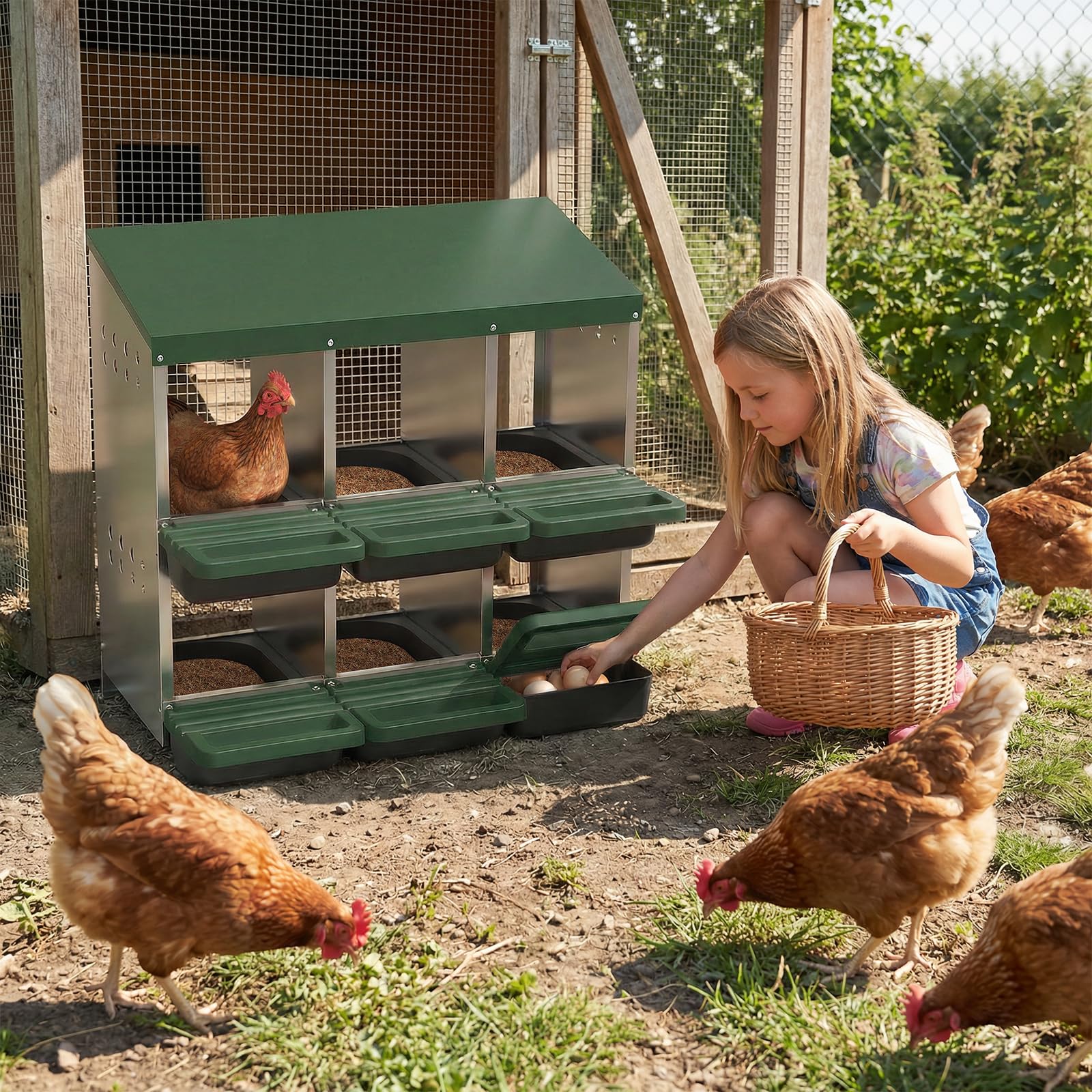 Garvee 6-Hole Chicken Nesting Box Metal Coop with Roll Away Design & Ventilation Holes Galvanized Steel Removable Lid Green for Backyard & Small Farms