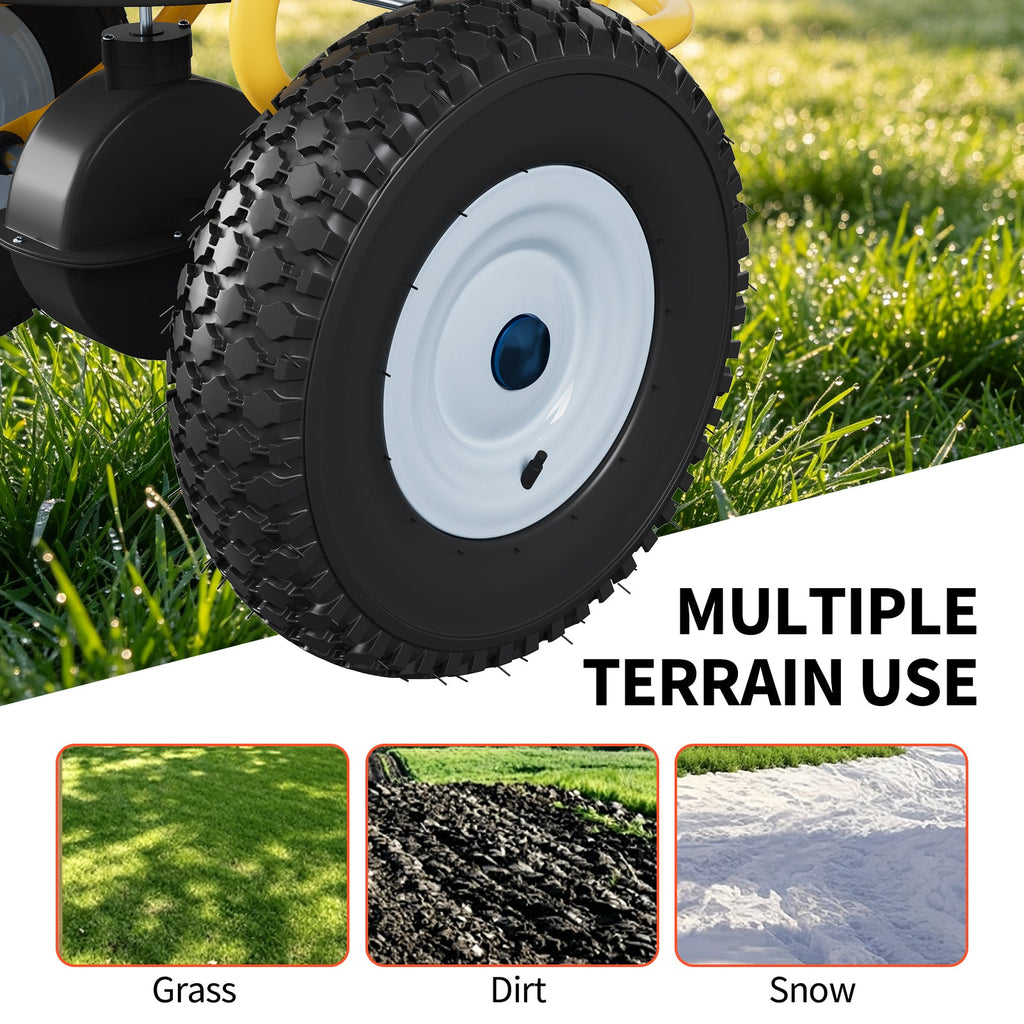 Garvee Tow-Behind Broadcast Spreader, 110 lbs Capacity with 10-Inch Pneumatic Tires, Universal Hitch and Feeder Cover for Seed, Fertilizer and Salt, Yellow