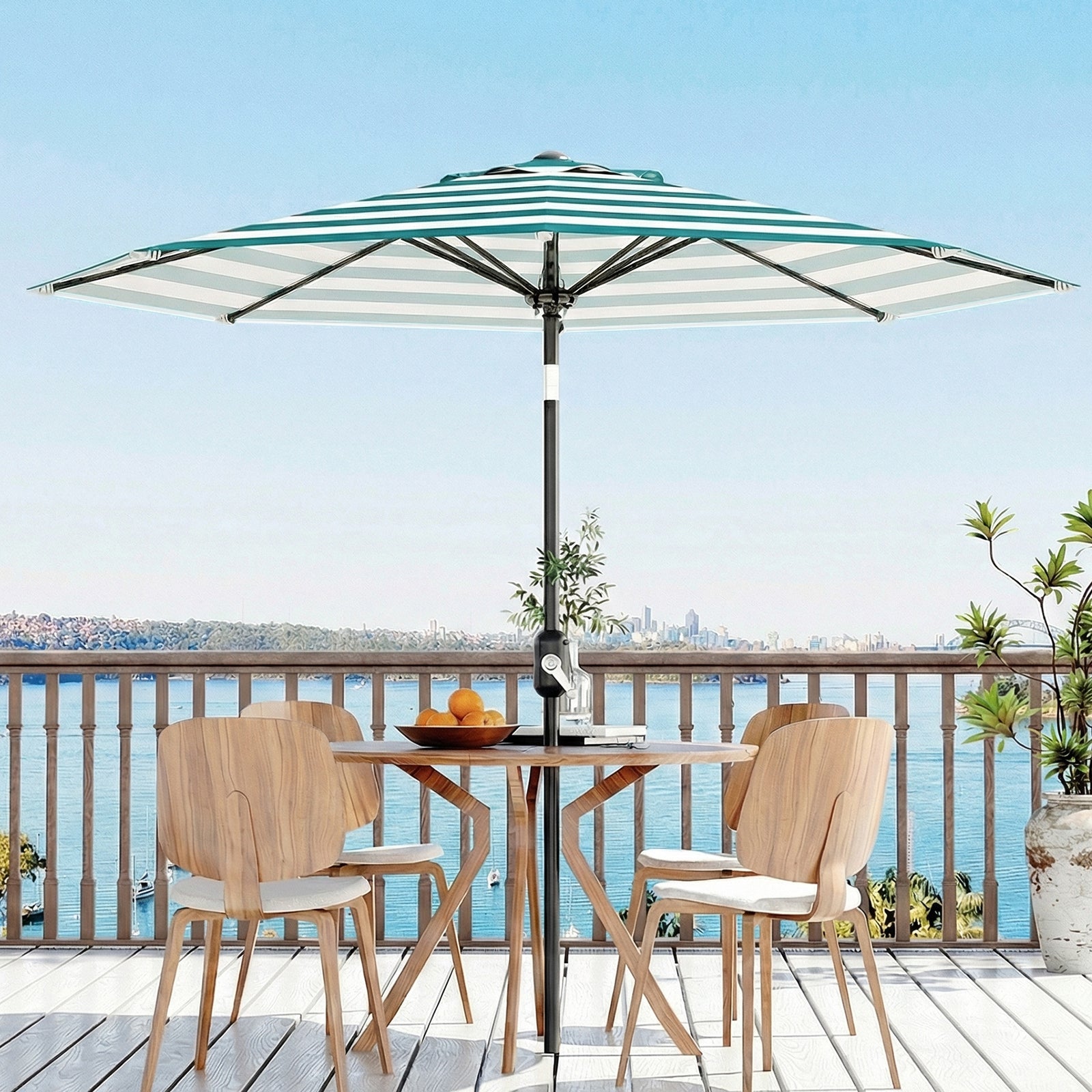 Garvee 9 ft Outdoor Patio Umbrella with Crank Lift, Push-Button Tilt, UV-Resistant Waterproof Canopy for Pool, Deck & Yard, Turquoise & White Stripes