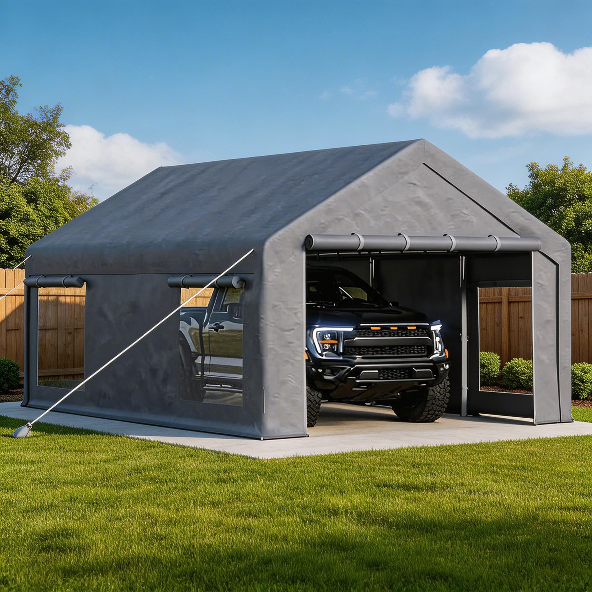 Garvee Portable Garage for Cars & Boats, 10 x 20 FT Steel Carport with 200G PE Canopy, 2 Roll-Up Doors, 4 Windows and Gray Cover