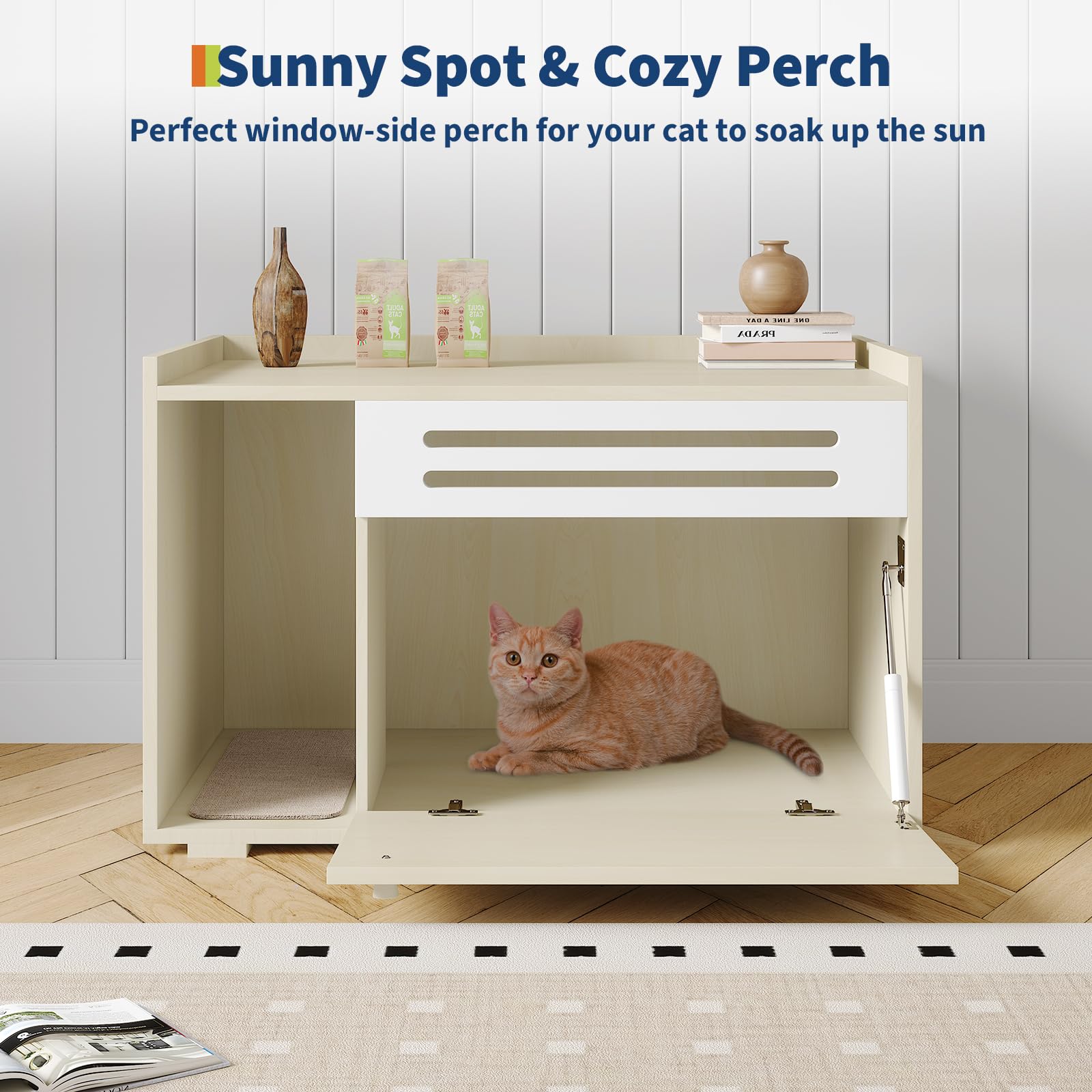 Garvee Dog-Proof & Ventilated Cat Litter Box Enclosure Furniture – Spacious Modern Hidden Wood Cabinet with Turn-Down Door, Easy to Clean, Indoor Pet Privacy House – Wood Color