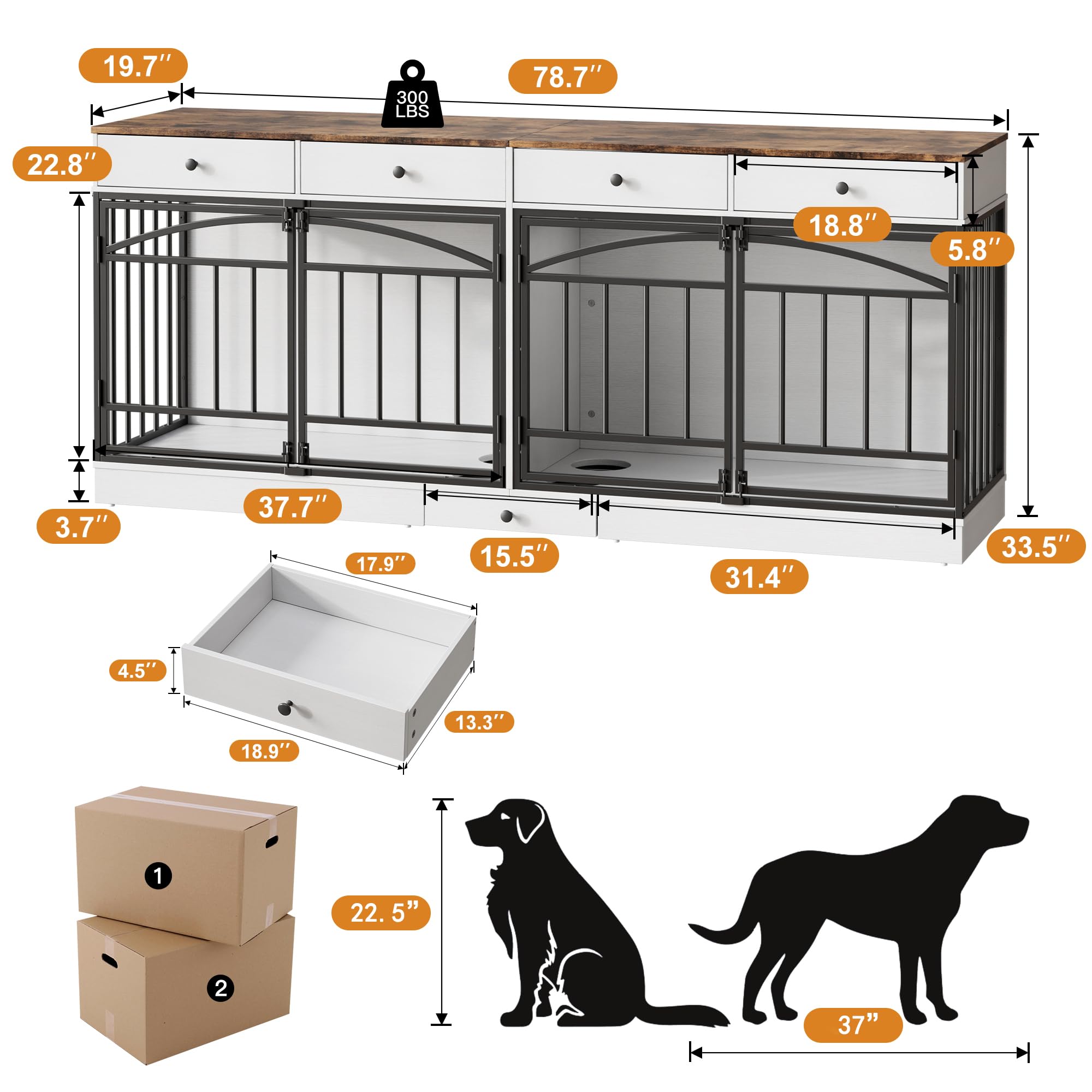 Garvee 78.7" Double Dog Crate Furniture with Storage and 4 Doors, Dog Kennel Indoor with Feeding Bowls, Wood Dog Crate TV Stand for Small Medium Dogs, White&Brown Top