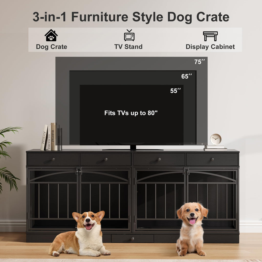 Garvee 78.7" Double Dog Crate Furniture with Storage and 4 Doors, Dog Kennel Indoor with Feeding Bowls, Wood Dog Crate TV Stand for Small Medium Dogs, Black