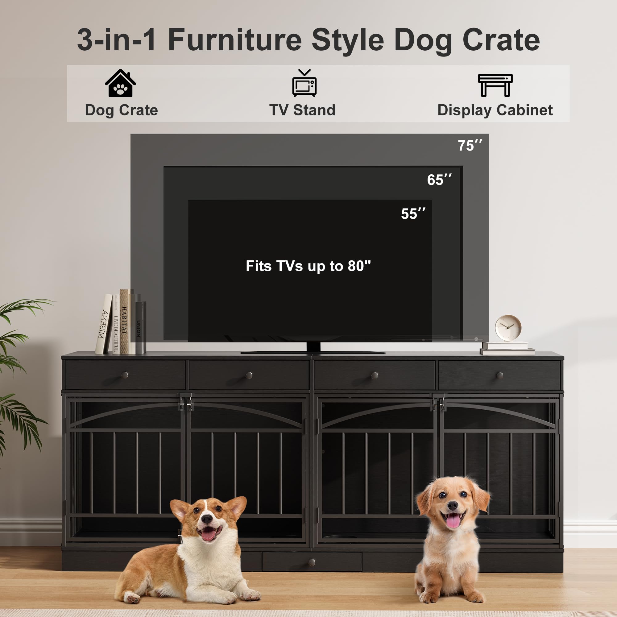 Garvee 78.7" Double Dog Crate Furniture with Storage and 4 Doors, Dog Kennel Indoor with Feeding Bowls, Wood Dog Crate TV Stand for Small Medium Dogs, Black