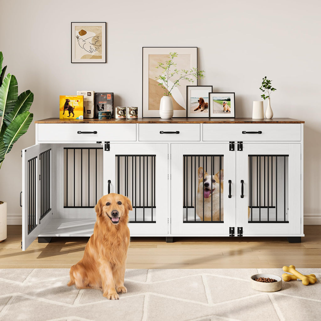 Garvee 71-Inch Large Dog Crate with Divider and 3 Drawers, Spacious Wooden Indoor Kennel, Double Doors with Locks, Brown & White, for Medium Large Dogs, Home Use