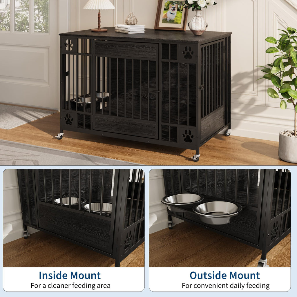 Garvee Modern Triple Door Dog Crate Furniture – 41" Decorative Wooden Kennel for Medium & Small Dogs – Stylish Indoor Pet Cage – Black Relief