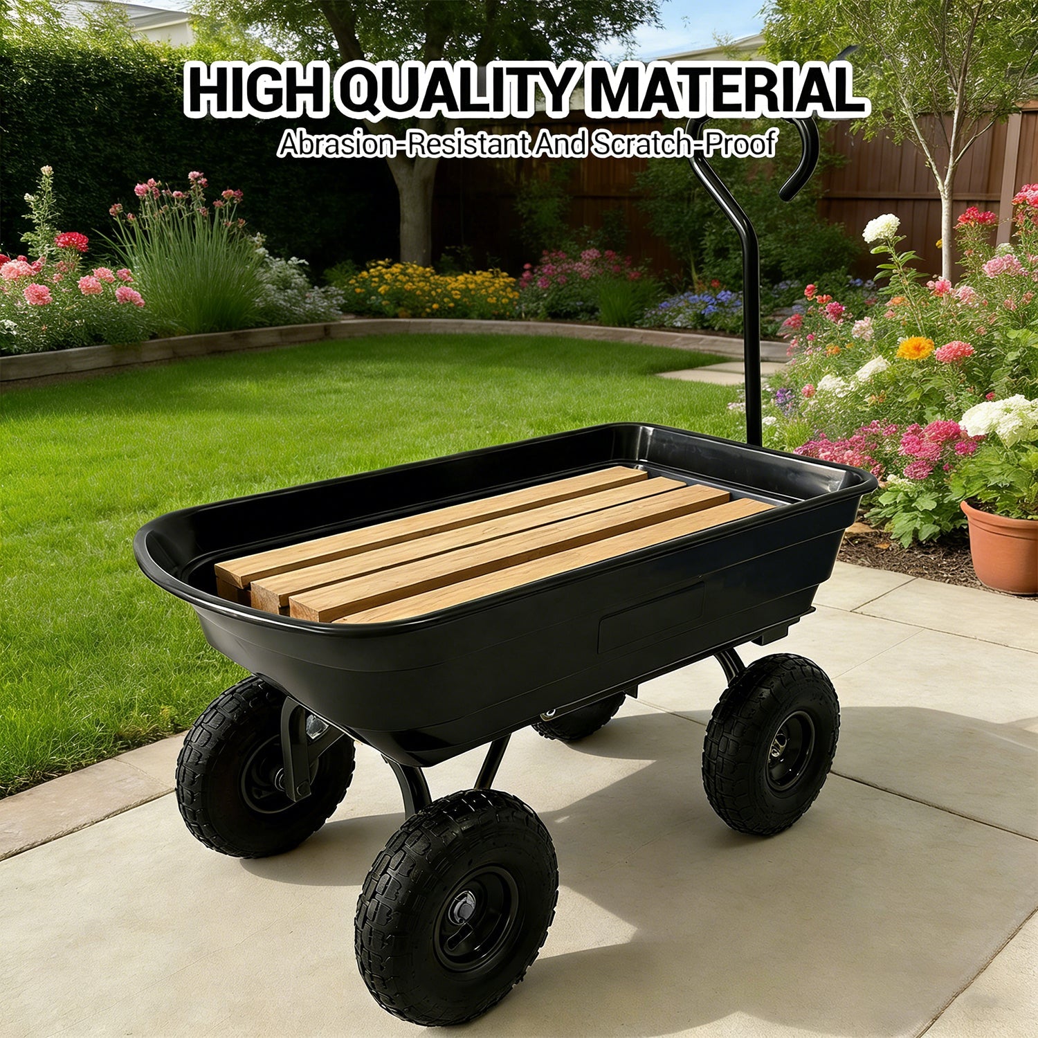 Garvee 600 Lbs Garden Dump Cart, Heavy Duty Outdoor Wagon with Quick Release & 10" Flat-Free Wheels for Yard, Soil & Tools – Black