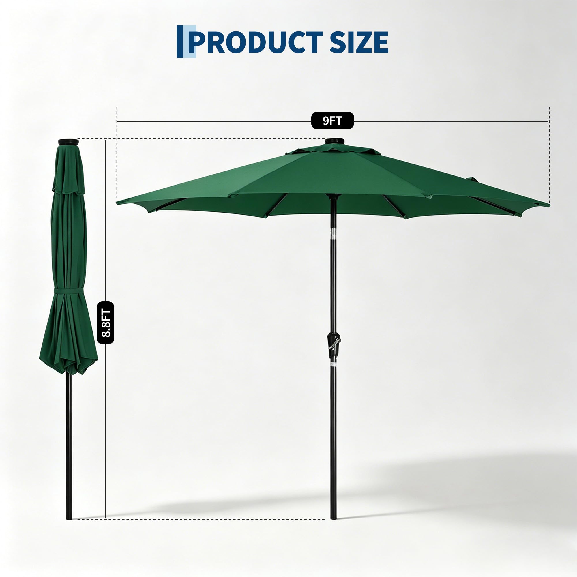 Garvee 9 FT Solar LED Patio Umbrella, Outdoor Market Table Umbrella with Tilt & Crank, 32 Lights, 8 Iron Ribs, UV Sun Shade for Garden, Deck & Pool, Dark Green