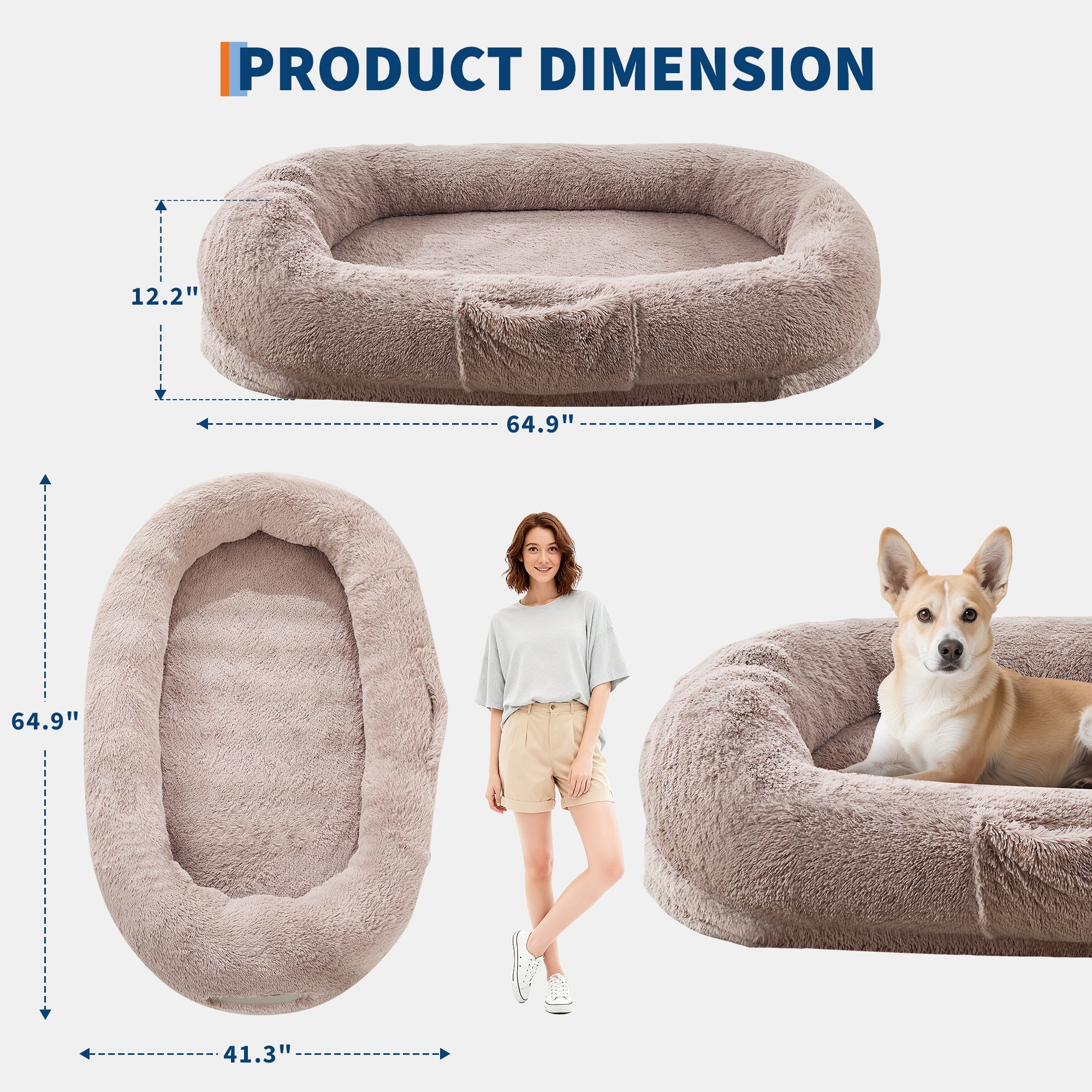 Garvee Orthopedic Memory Foam Dog Bed for Adults & Pets – Oversized Bean Bag Sofa, Washable Faux Fur Cover, Side Pocket, Waterproof, Calming Nap Couch for Living Room or Bedroom – Light Brown