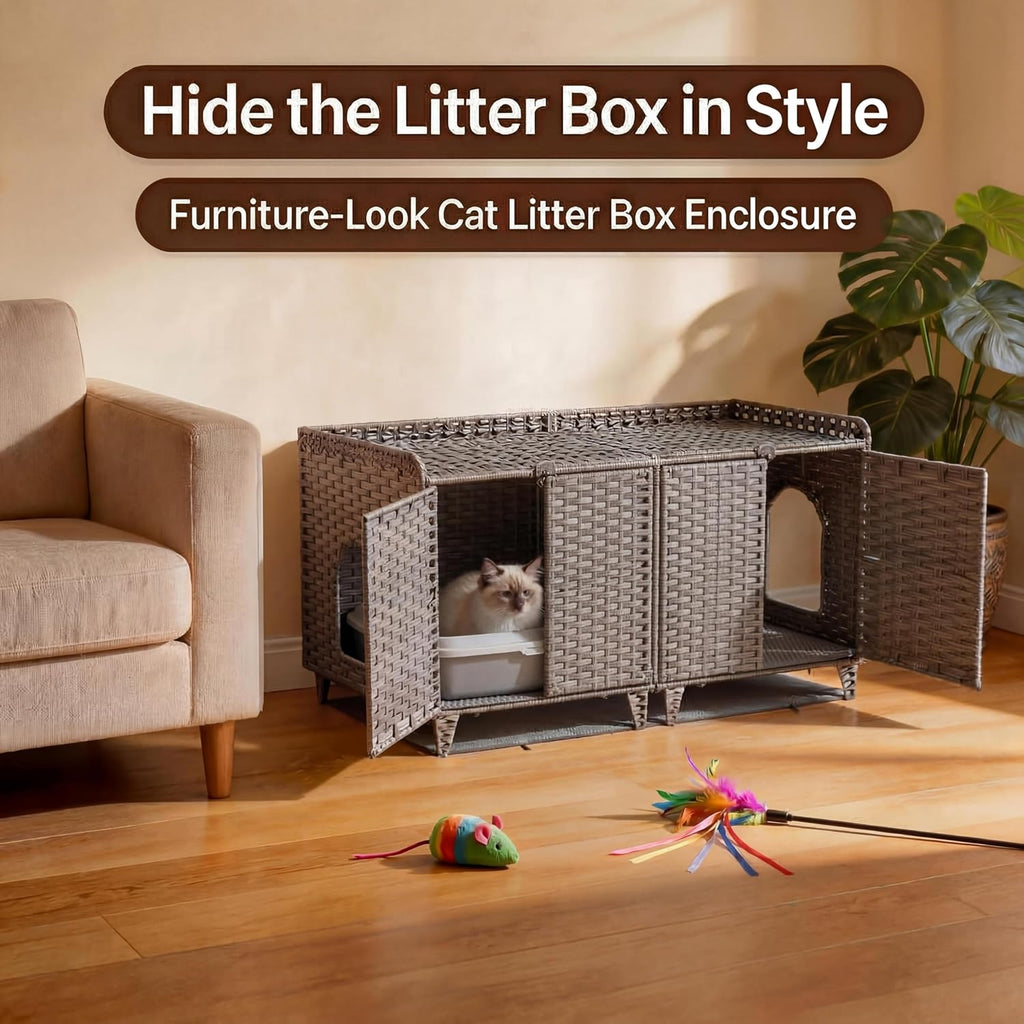 Garvee Double Litter Box Enclosure Furniture, Handwoven Rattan Litter Box Furniture for 2 Cats with Washable Litters Mat & 2 Hooks, Hidden Kitty Cat House for Living Room/Bedroom, Gray