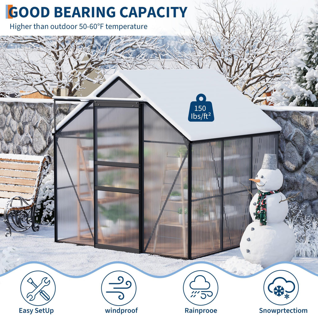 Garvee 6x6 FT Polycarbonate Outdoor Greenhouse – All-Weather Aluminum Frame Kit, Lockable Sliding Door, Adjustable Roof Vent, Rain Gutter, Detachable Three-Bay Structure, Easy Setup for Patio, Backyard