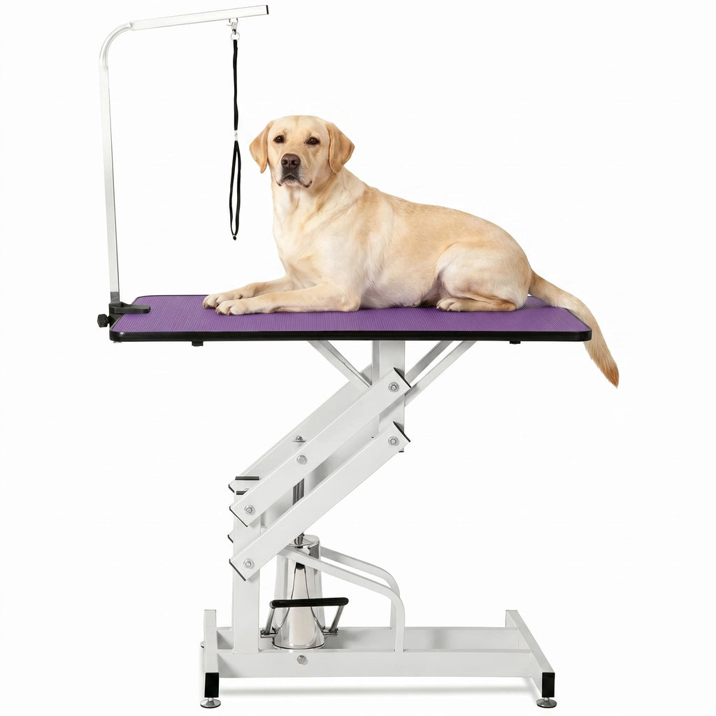 Garvee 42.5" Hydraulic Dog Grooming Table for Pet, Heavy Duty Z-Lift Hydraulic Max Load 350Lbs Professional Pet Grooming Table for Dogs with Adjustable Arm Noose Non-Slip Rubber Surface, Purple