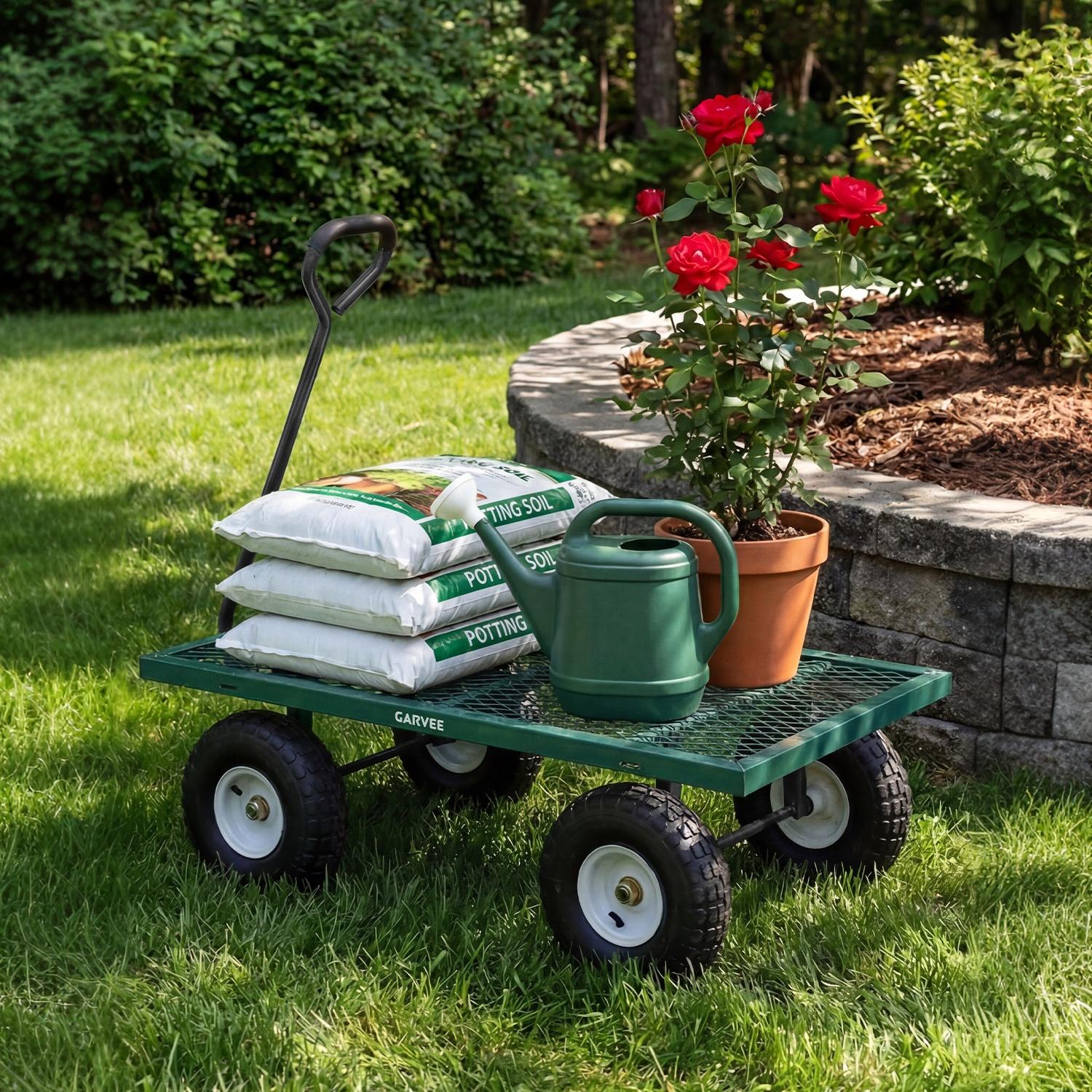 Garvee 800LBS Green Heavy Duty Steel Garden Cart Wagon with 10" Pneumatic Tires, Removable Mesh Sides, 180° Rotating Handle & Waterproof Bag, Utility Yard Trailer for Lawn, Garden & Farm