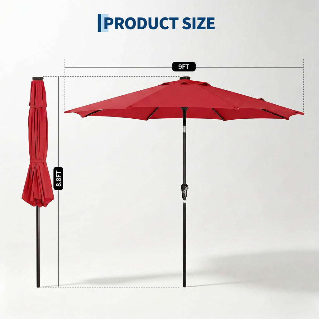 Garvee 9 FT Solar LED Patio Umbrella, Outdoor Market Table Umbrella with Tilt & Crank, 32 Lights, 8 Iron Ribs, UV Sun Shade for Garden, Deck & Pool, Red
