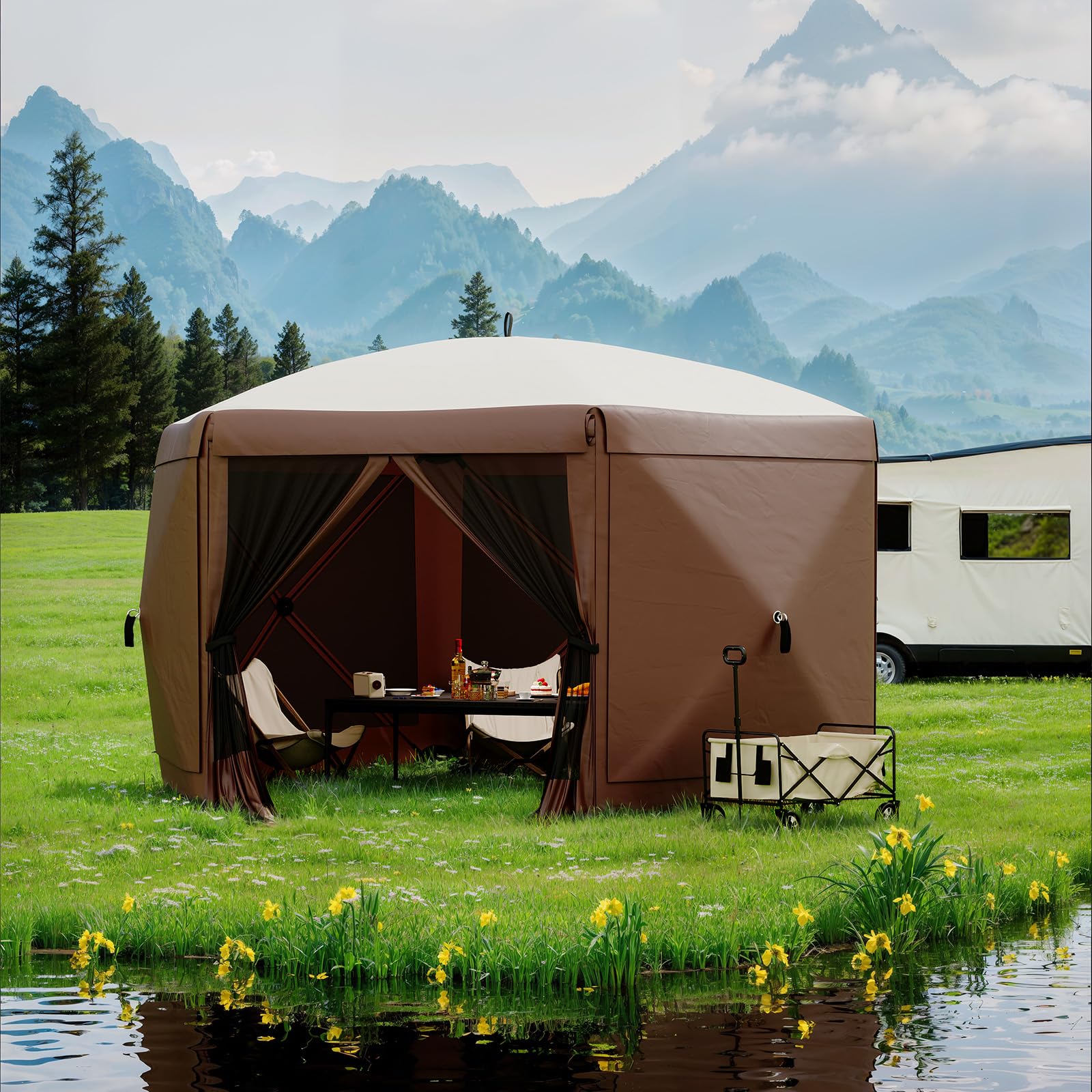 Garvee 6-Sided Pop Up Tent 11.7' X 10.1' Hexagonal Shape. One-Push Setup. Mosquito Netting. Steel Frame. Removable Wind Cloths. Outdoor Camping & Backyard Shelter