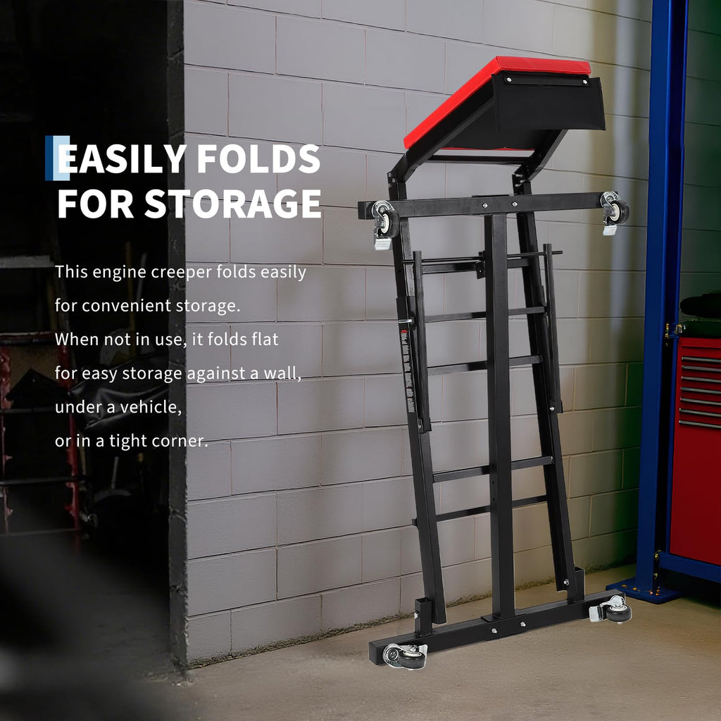 Garvee Automotive Engine Creeper - Heavy-Duty Foldable Steel Frame with Adjustable Height (45.7"-66.3"), Padded Deck, 6 Wheels, and 400 lbs Capacity for Auto Repair, Black, Vertical Base