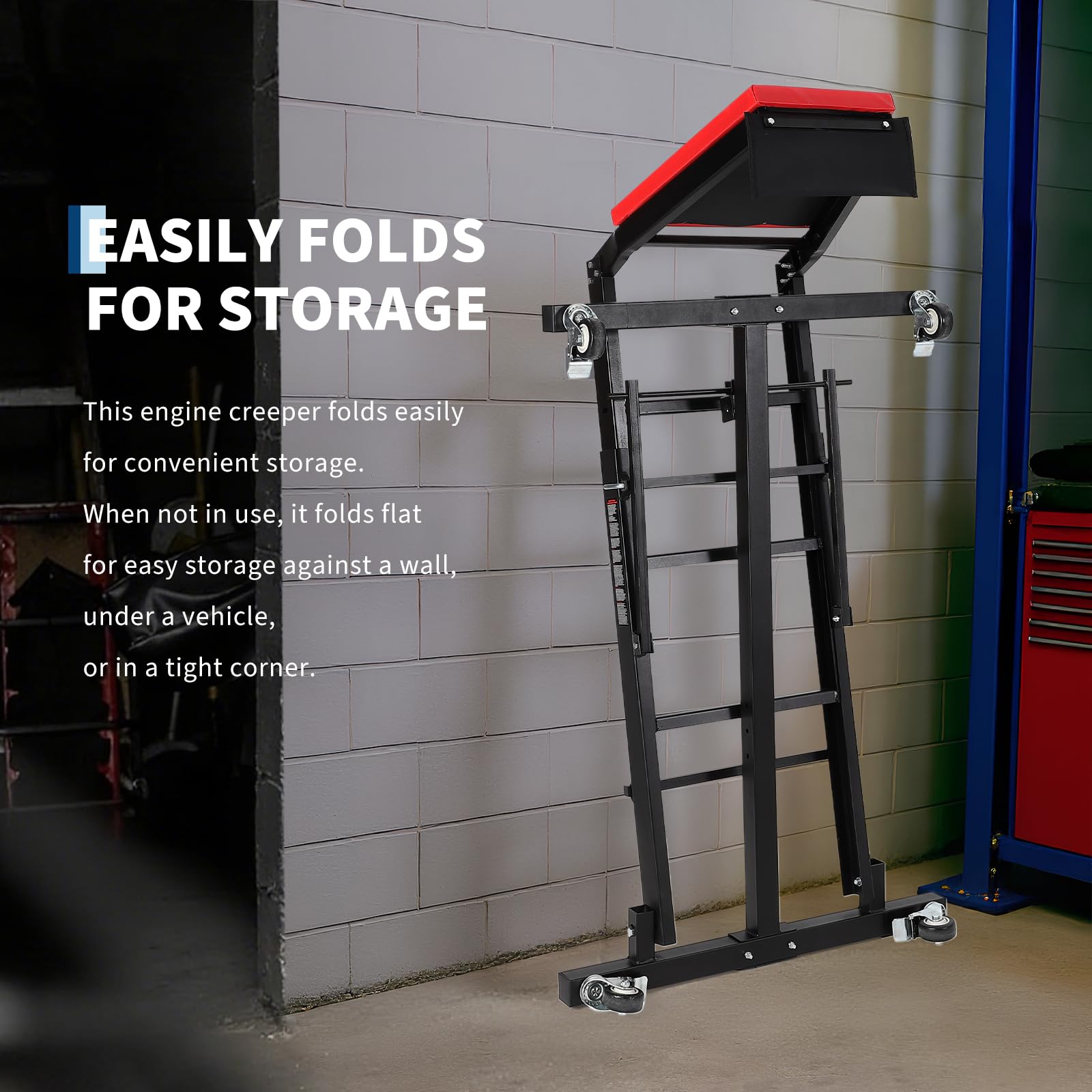 Garvee Automotive Engine Creeper - Heavy-Duty Foldable Steel Frame with Adjustable Height (45.7"-66.3"), Padded Deck, 6 Wheels, and 400 lbs Capacity for Auto Repair, Black, Vertical Base