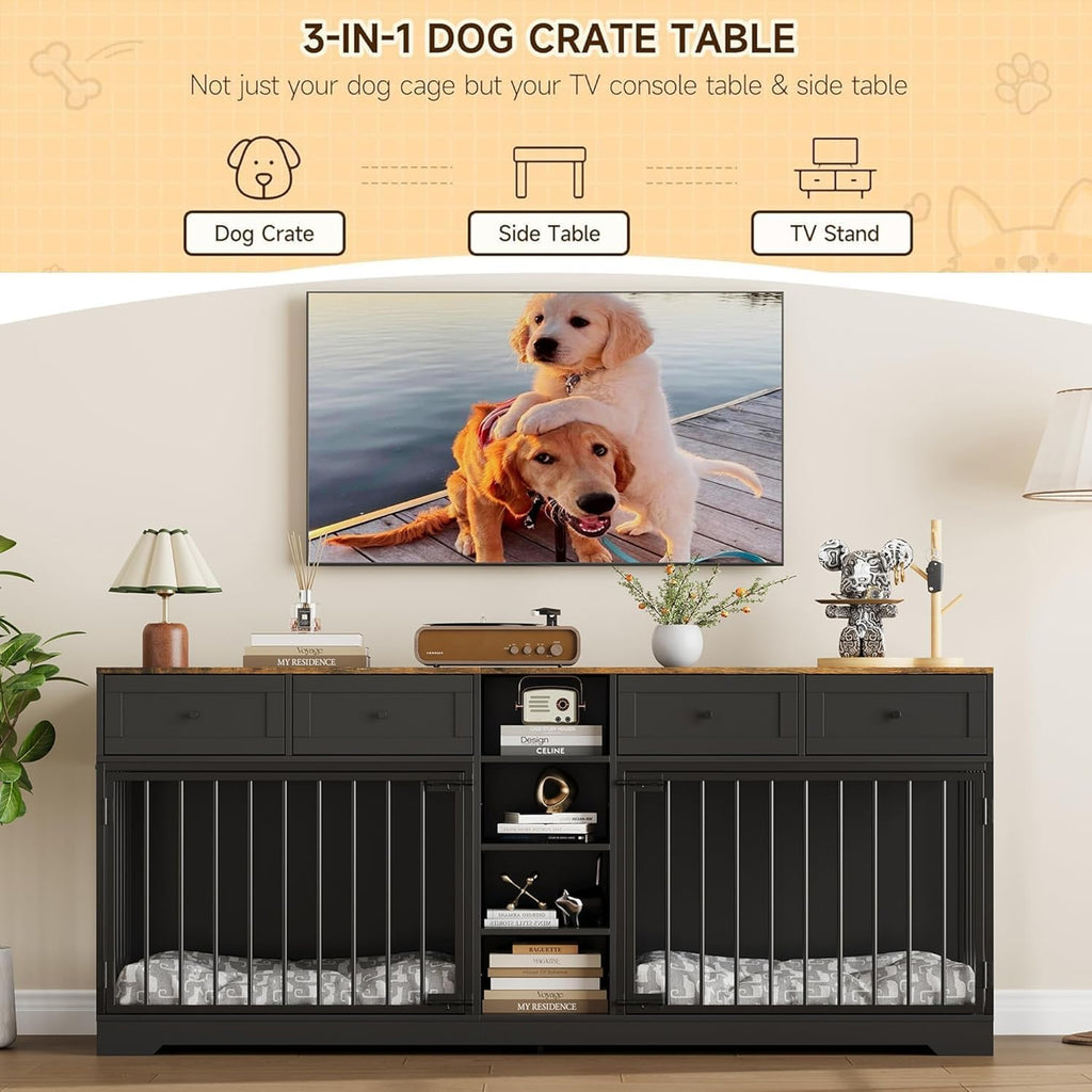Garvee 82" Large Dog Crate for 2 Dogs, Dog Kennel Indoor with 4 Drawers and Shelves, Heavy Duty Double Dog Crate Furniture TV Stand, Wooden Dog Cage for Medium Large Dogs, Black+Brown