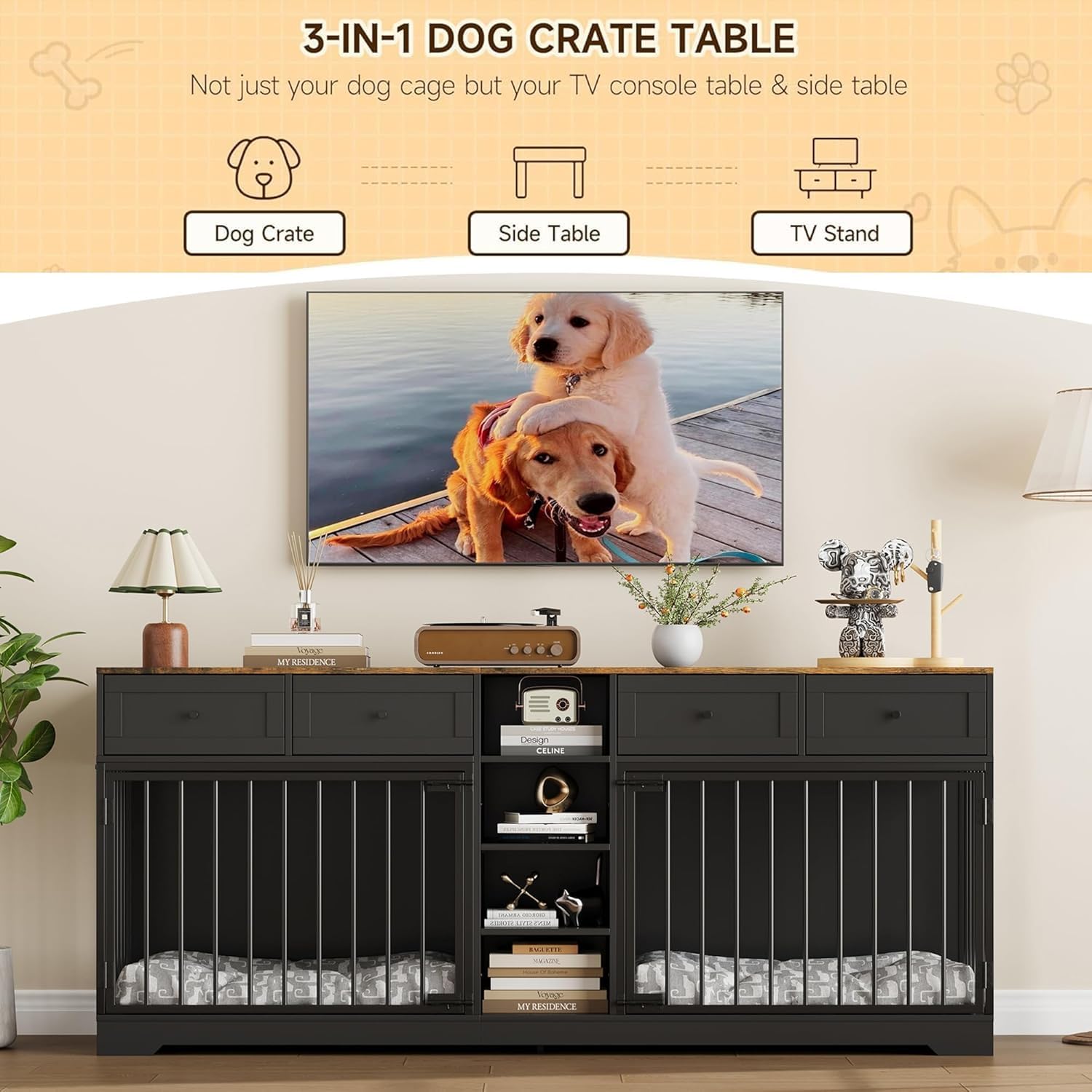 Garvee 82" Large Dog Crate for 2 Dogs, Dog Kennel Indoor with 4 Drawers and Shelves, Heavy Duty Double Dog Crate Furniture TV Stand, Wooden Dog Cage for Medium Large Dogs, Black+Brown