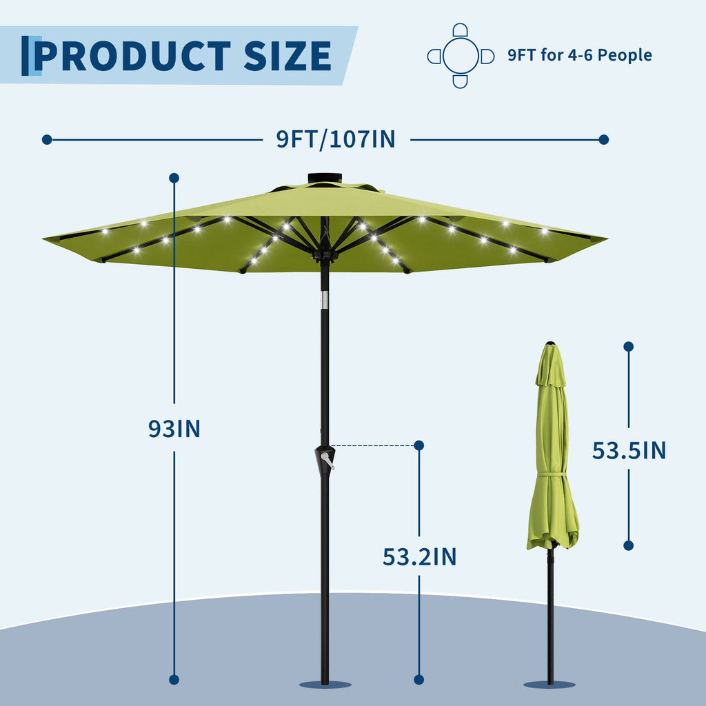 Garvee 9FT Solar LED Patio Umbrella, Waterproof Outdoor Market Table Umbrella with 8 Ribs, Crank Lift, Push Button Tilt, UV Protection for Garden, Pool & Deck, Grass Green ﻿