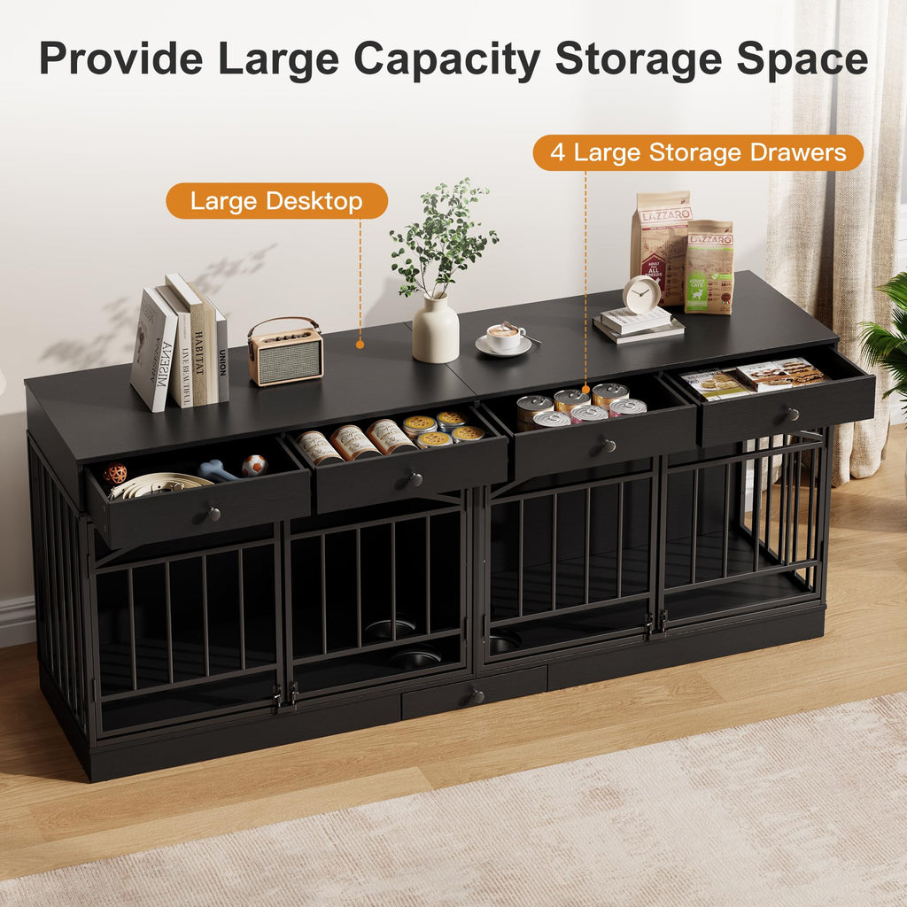 Garvee 78.7" Double Dog Crate Furniture with Storage and 4 Doors, Dog Kennel Indoor with Feeding Bowls, Wood Dog Crate TV Stand for Small Medium Dogs, Black