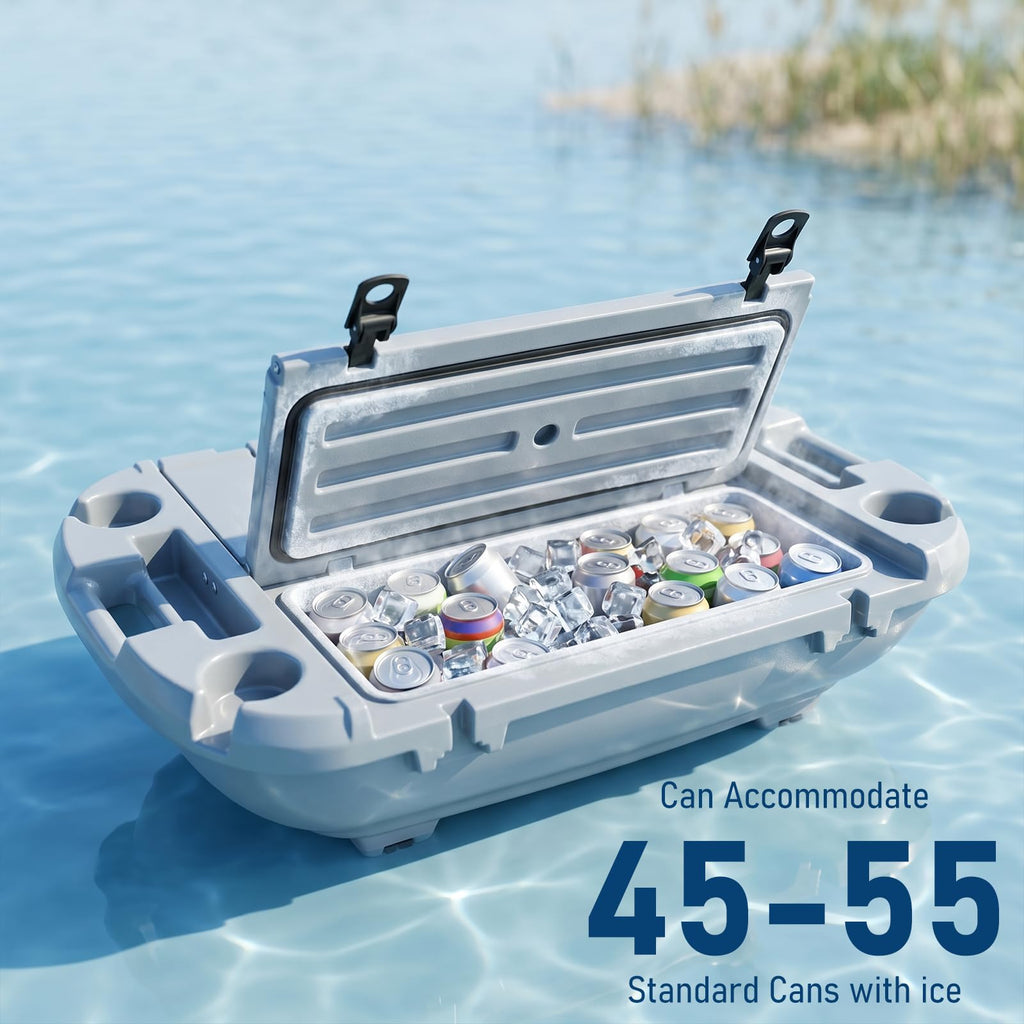 Garvee 40L Floating Cooler for River, Lake & Pool, 42.5QT Rotomolded LLDPE Ice Chest with Tow Rope & 4 Cup Holders, Heavy-Duty Drift Marine Beverage Cooler for Kayak, Boating, Camping, Cool Gray