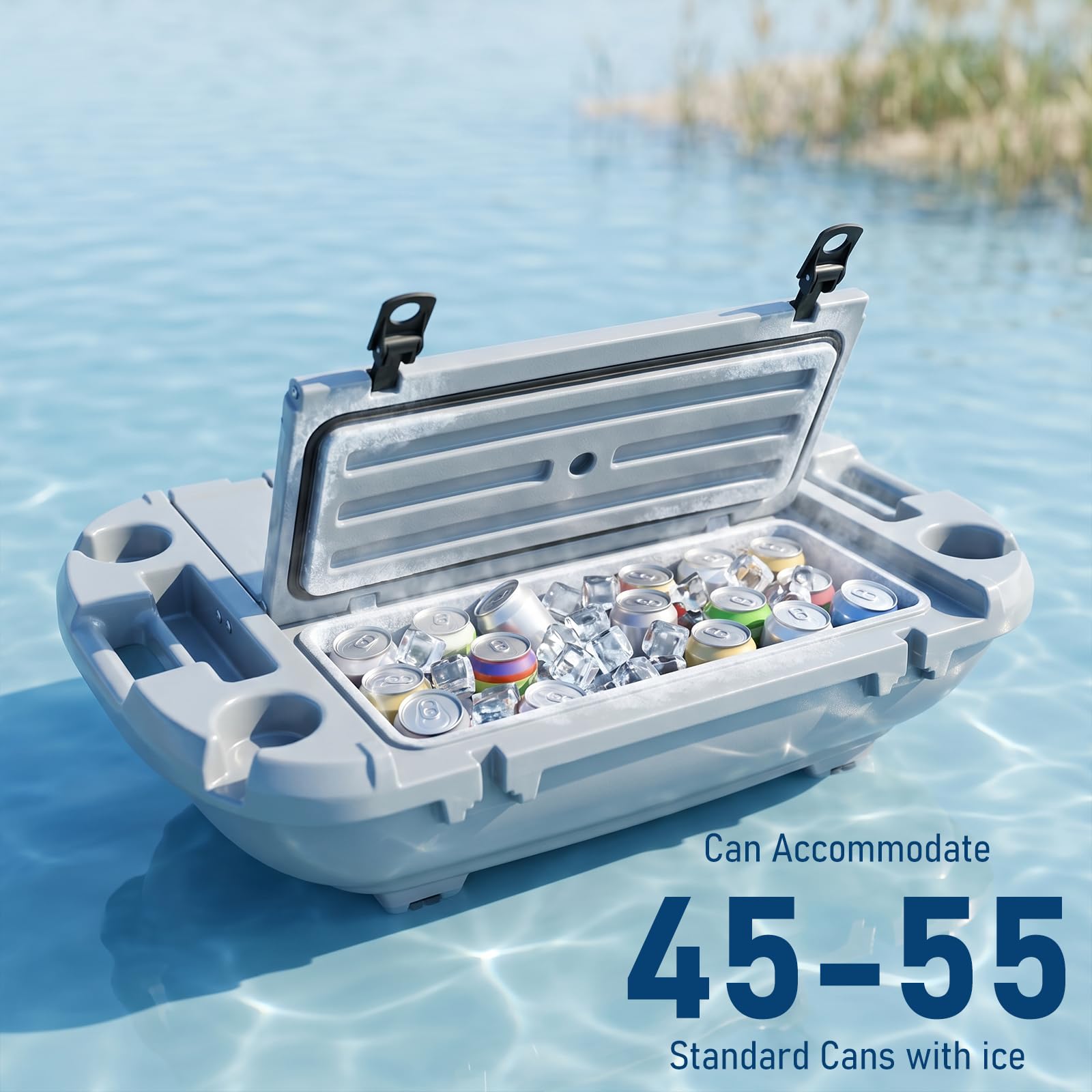 Garvee 40L Floating Cooler for River, Lake & Pool, 42.5QT Rotomolded LLDPE Ice Chest with Tow Rope & 4 Cup Holders, Heavy-Duty Drift Marine Beverage Cooler for Kayak, Boating, Camping, Cool Gray