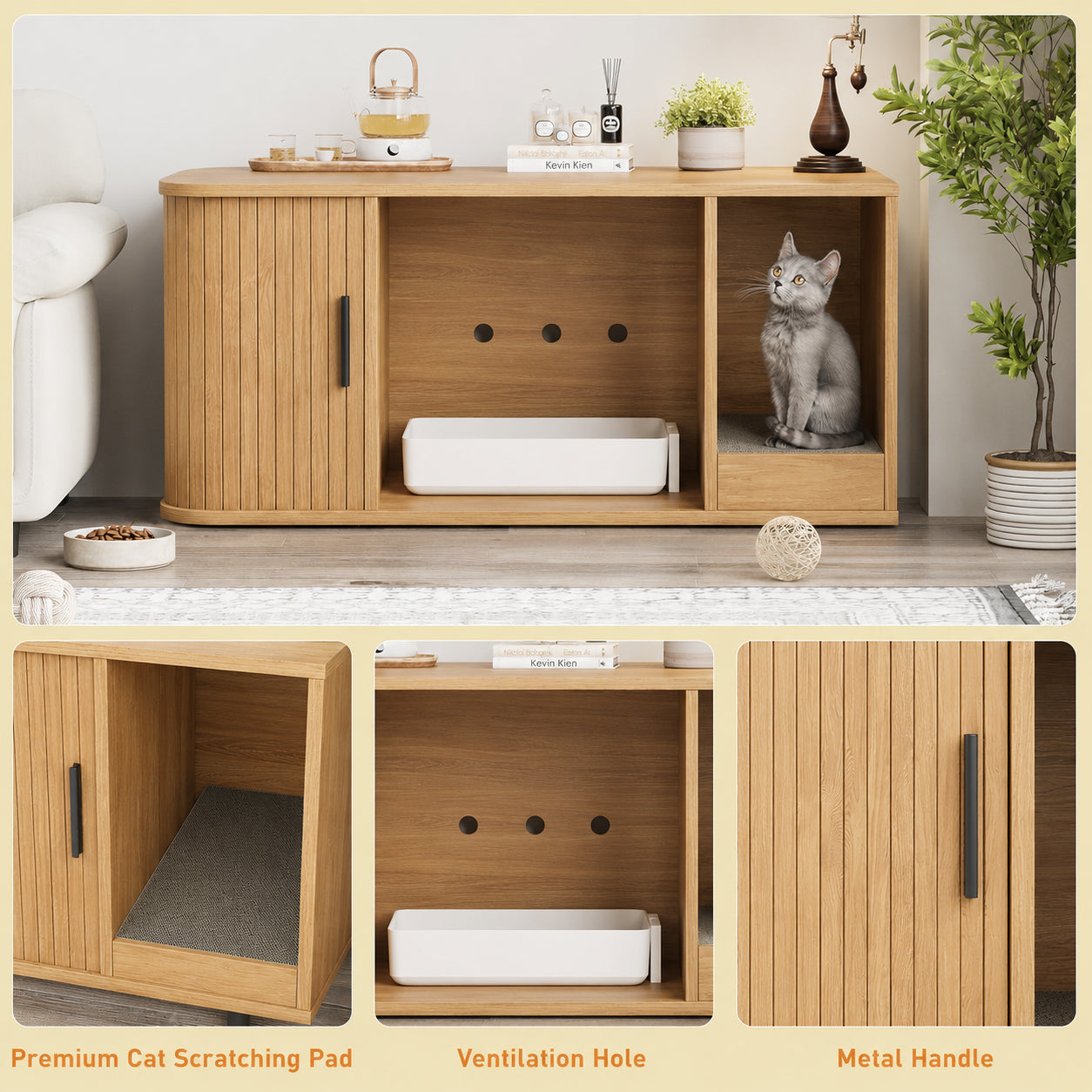 Garvee Modern Cat Litter Box Enclosure, Odor-Control Hidden Cat Washroom Furniture for Living Room, Bedroom, Natural