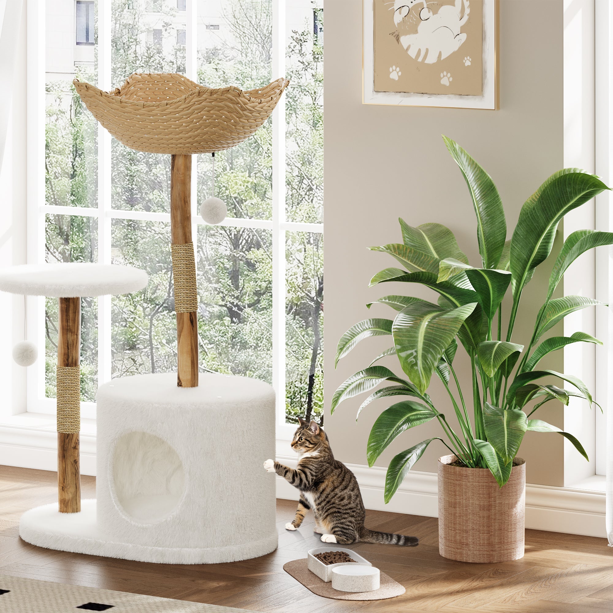 Garvee 46" Modern Cat Tree for Large Cats, Wood Cat Tree Tower with Scratching Posts, Luxury Cat Condo with Scratching Posts and Flower Platforms, Indoor Furniture for Cat Lover Gifts
