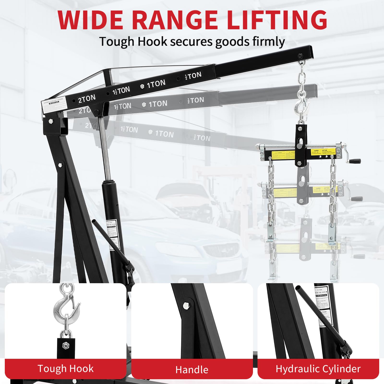 Garvee 2 Ton Folding Hydraulic Engine Hoist with Load Leveler – Heavy Duty Cherry Picker Crane – 4400 lbs Capacity – Adjustable Telescopic Boom – 6 Swivel Wheels – Automotive Repair, Garage, Workshop – Black with Sound Controller