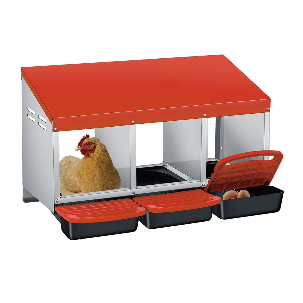 Garvee 3-Compartment Galvanized Steel Chicken Nesting Box – Roll-Away Tray & Support Stand, Orange