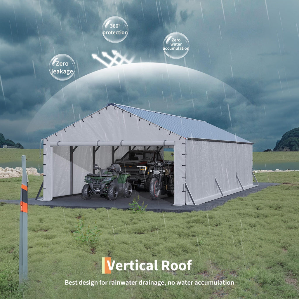 Garvee All-Weather Enclosed Steel Carport Garage – 20x30 FT Vertical Roof Shelter for Multiple Vehicles – Outdoor Storage for Full-Size Pickup Trucks, Boats, Tractors – Size: 20x30FT