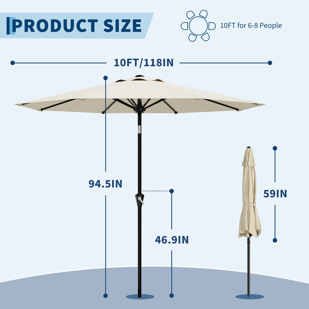 Garvee 10FT Beige Patio Umbrella for Outdoor Table – Waterproof Market Umbrella with Smooth Crank Lift, Push Button Tilt, 8 Sturdy Ribs, UV Protection – Perfect for Pool, Deck, Yard, Garden
