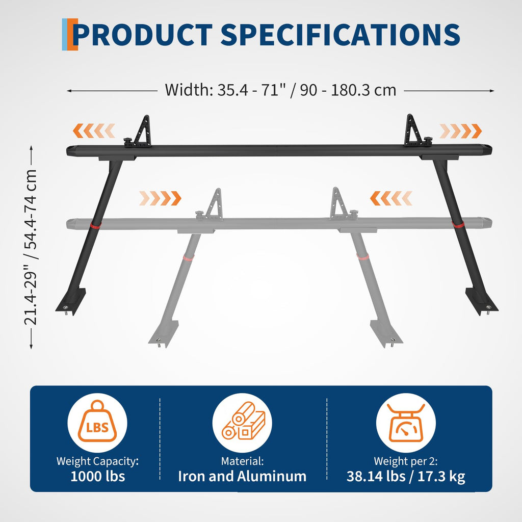 Garvee Truck Rack, 35.4-71in Adjustable Width Ladder Rack for Truck, Aluminum 800 Lbs Capacity, Heavy Duty Truck Bed Rack, Stable Drilling Cargo Support System for Kayak, Surfboard, Lumber, Black