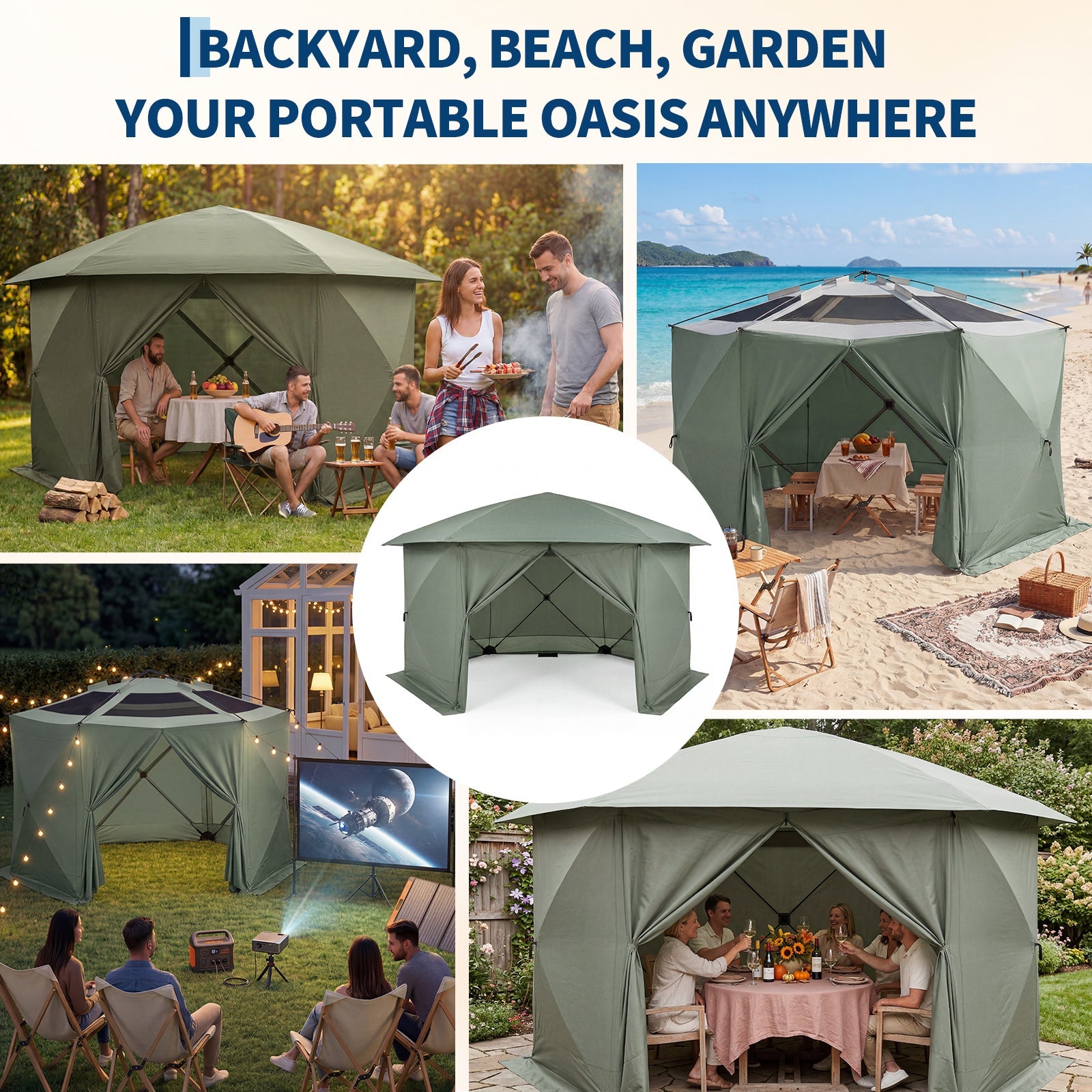 Garvee Screen Gazebo Tent, 13 x 13 FT 6-Sided Canopy for 8-10 People with 7.5 FT Height, Removable Wind Cloth and Carry Bag for Backyard Camping, Green and Gray