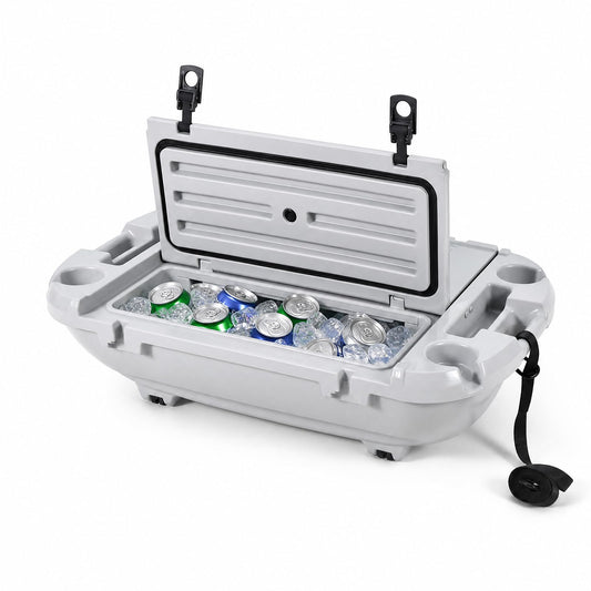 Garvee 40L Floating Cooler for River, Lake & Pool, 42.5QT Rotomolded LLDPE Ice Chest with Tow Rope & 4 Cup Holders, Heavy-Duty Drift Marine Beverage Cooler for Kayak, Boating, Camping, Cool Gray