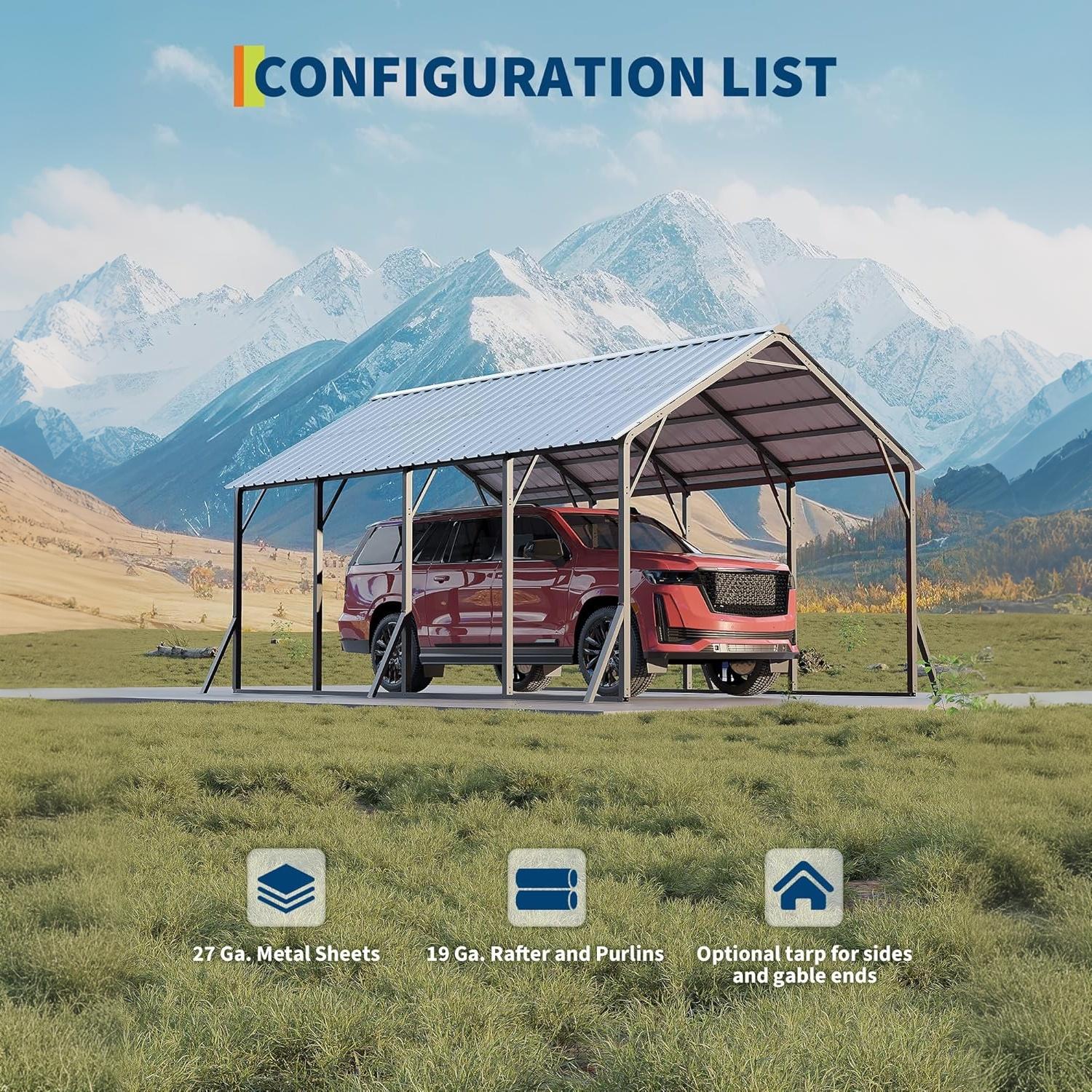 Garvee 13x21FT Metal Carport Kit with 120° Steep-Pitch Vertical Roof, 133" High-Clearance Heavy-Duty Alloy Steel Car Port Shelter for Full-Size Pickup Trucks, Vans & Outdoor Vehicle Storage, White
