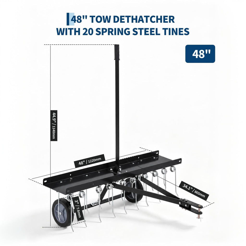 Garvee 48" Tow Behind Lawn Dethatcher, 24 Spring Steel Tines with 330 lb Ballast Tray for Large Yards