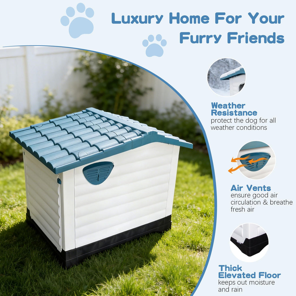 Garvee 2-Door Large Dog House for Indoor and Outdoor Dog House with Fold-Out Porch Elevated Base, Waterproof Pet House for Small and Medium Dogs, Easy Assembly, Blue (38''L x 26''W x 31''H)