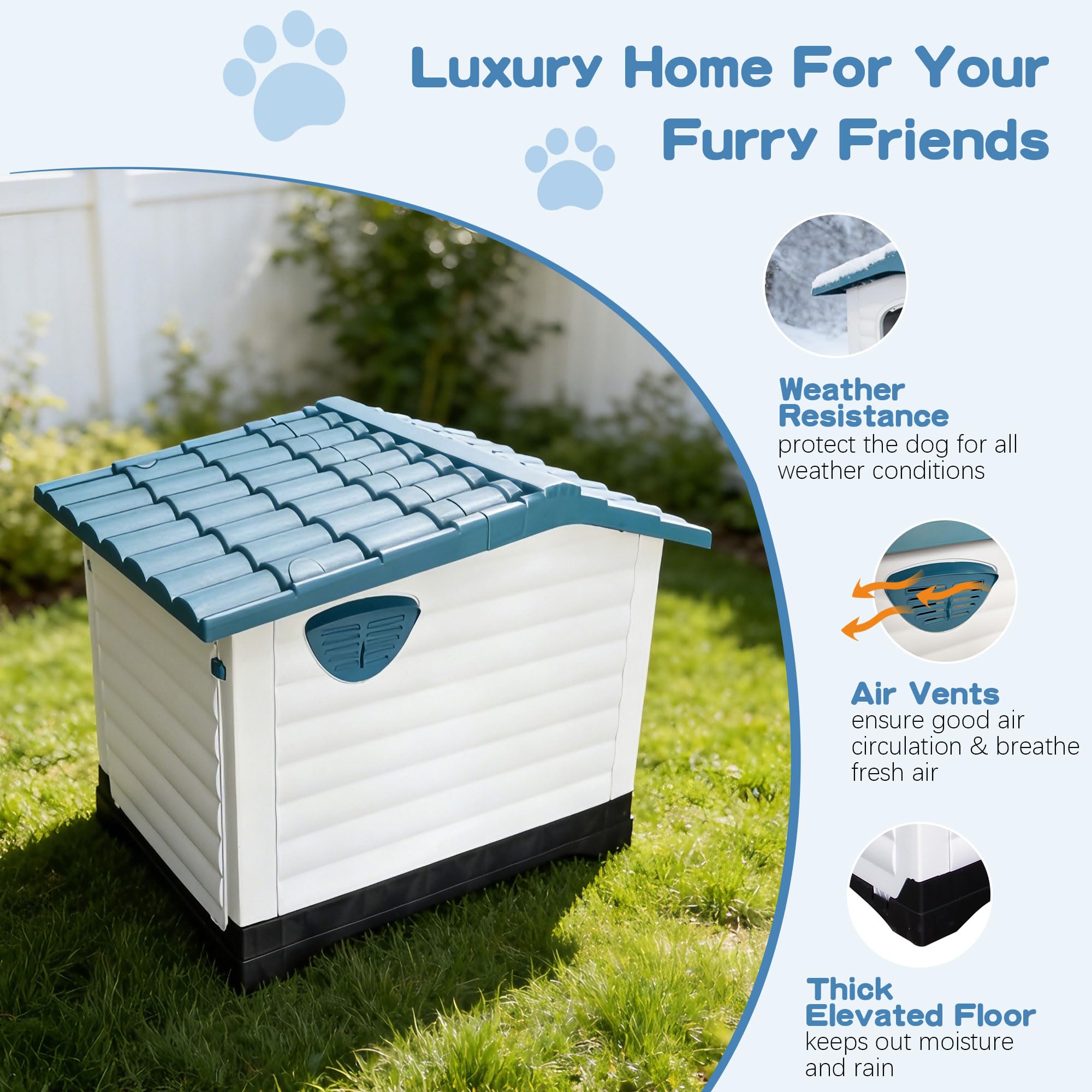 Garvee 2-Door Small Dog House for Indoor and Outdoor Dog House with Fold-Out Porch Elevated Base, Waterproof Pet House for Small and Medium Dogs, Easy Assembly, Blue (31''L x 21''W x 26''H)