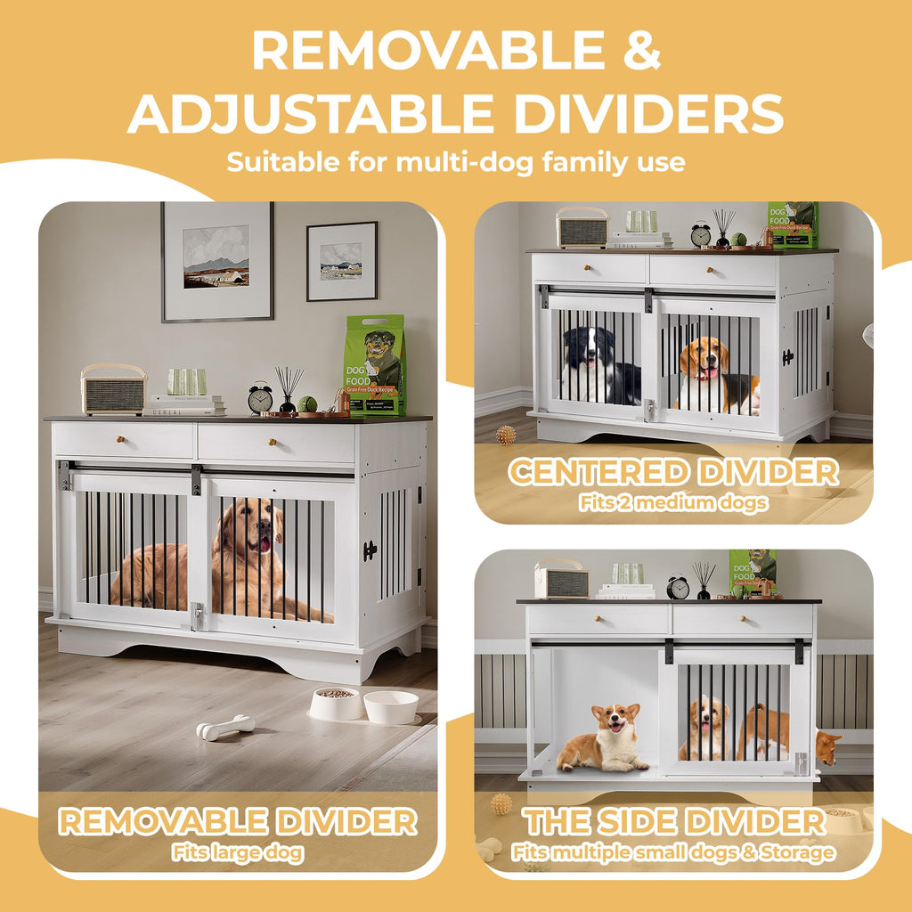 Garvee 47 in Dog Furniture Crate, Large Furniture Style Dog Crate w/ 2 Storage Draws & Removable Divider & Triple Door Design for Large/Medium/Small Dogs, White+Brown Table Top