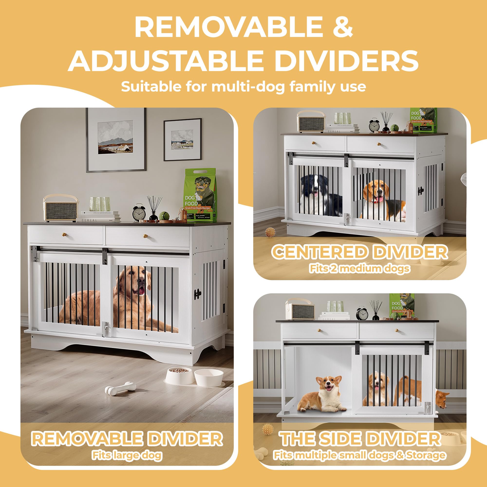 Garvee 47 in Dog Furniture Crate, Large Furniture Style Dog Crate w/ 2 Storage Draws & Removable Divider & Triple Door Design for Large/Medium/Small Dogs, White+Brown Table Top