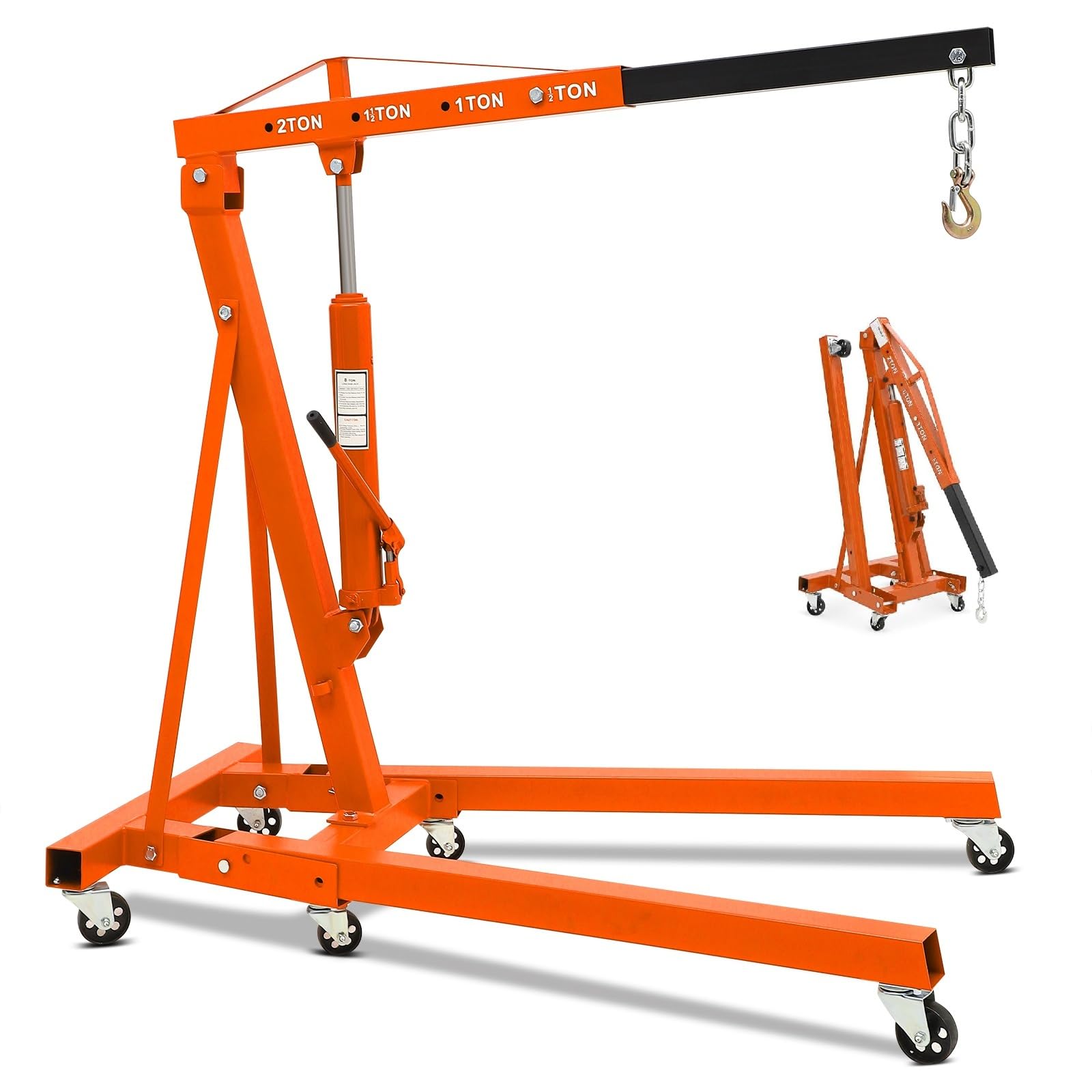 Garvee 2 Ton Folding Hydraulic Engine Hoist Cherry Picker - Heavy Duty 4400LBS Shop Crane - Telescopic Adjustable Boom - 6 Swivel Casters & Lever for Garage, Workshop, Auto Repair - Orange | Segmented Version