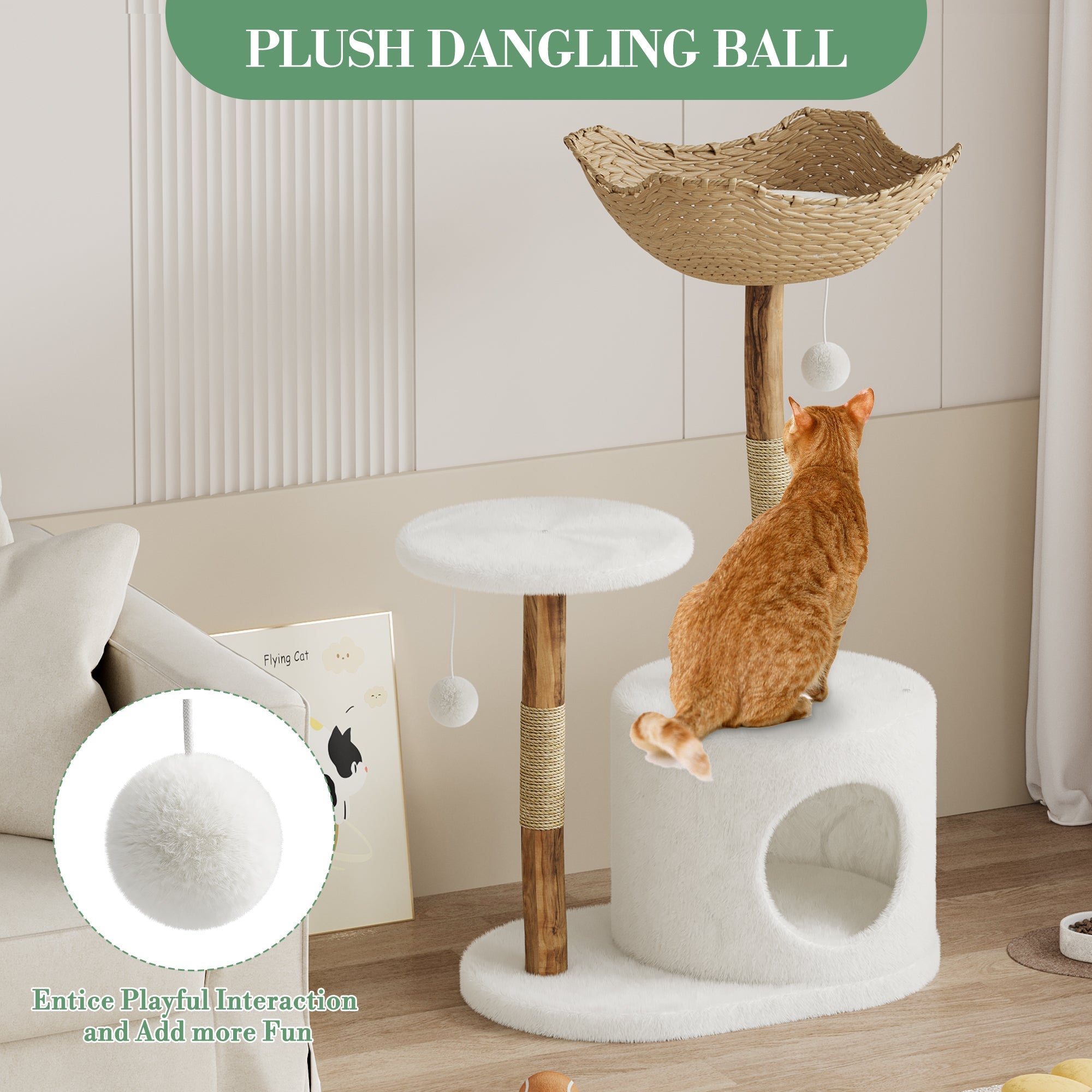 Garvee 46" Modern Cat Tree for Large Cats, Wood Cat Tree Tower with Scratching Posts, Luxury Cat Condo with Scratching Posts and Flower Platforms, Indoor Furniture for Cat Lover Gifts