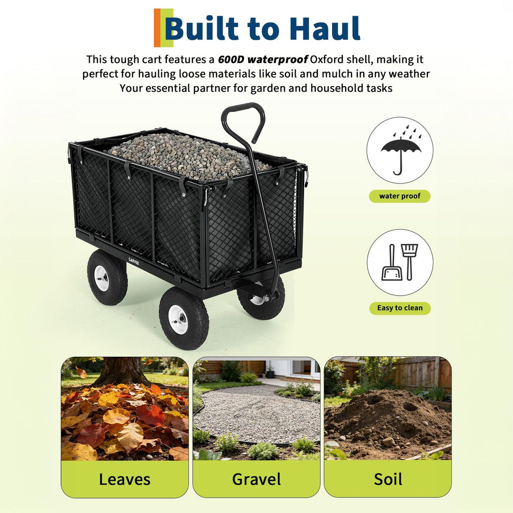 Garvee 800LBS Heavy Duty Steel Garden Cart Wagon with 10" Pneumatic Tires, Removable Mesh Sides, 180° Rotating Handle & Waterproof Bag, Utility Yard Trailer for Lawn, Garden & Farm, Black