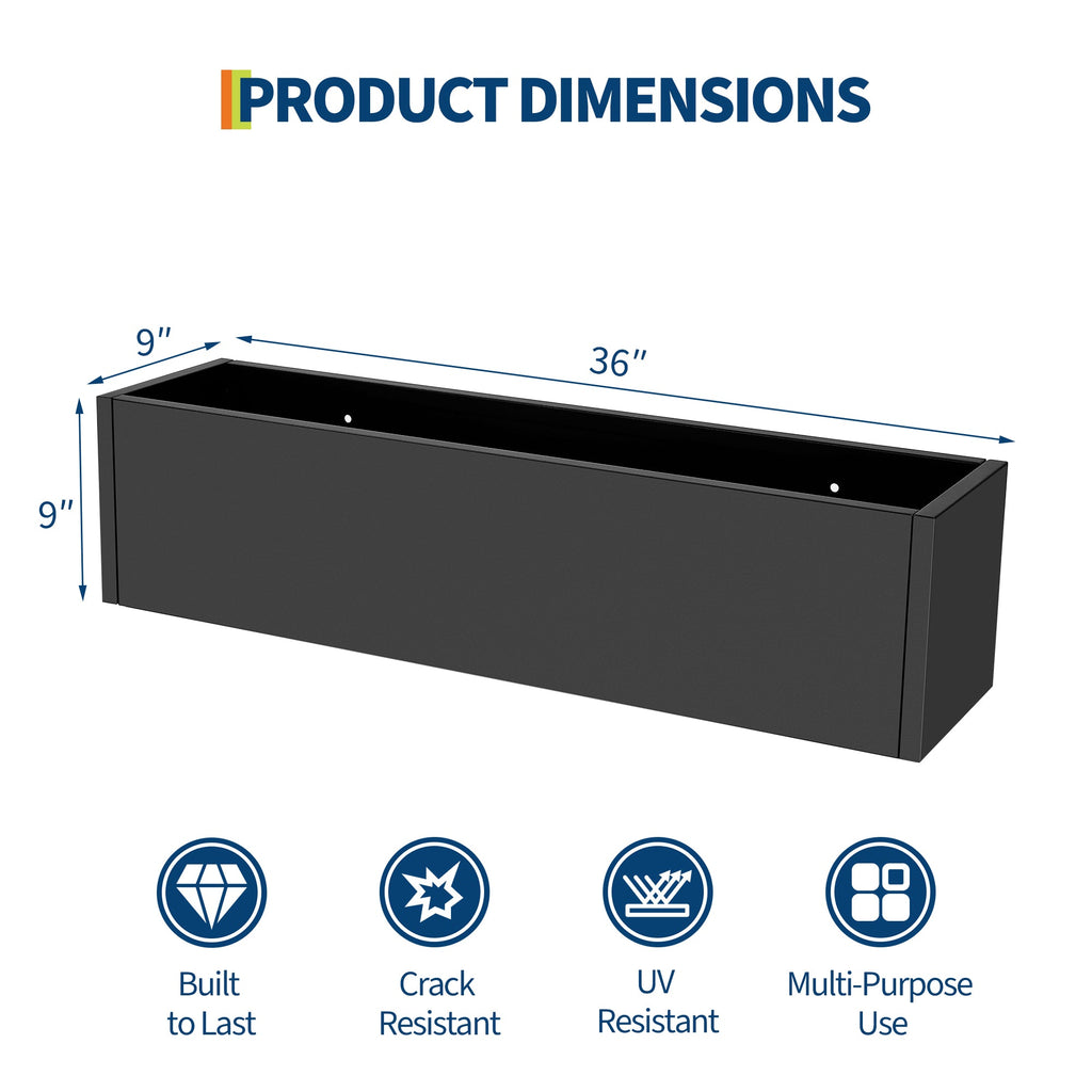 Garvee 36" × 9" × 9" Metal Raised Garden Bed, Galvanized Steel Rectangular Planter Box with Mesh Bottom, Drainage Plug and Air Vents for Patio and Balcony, Black