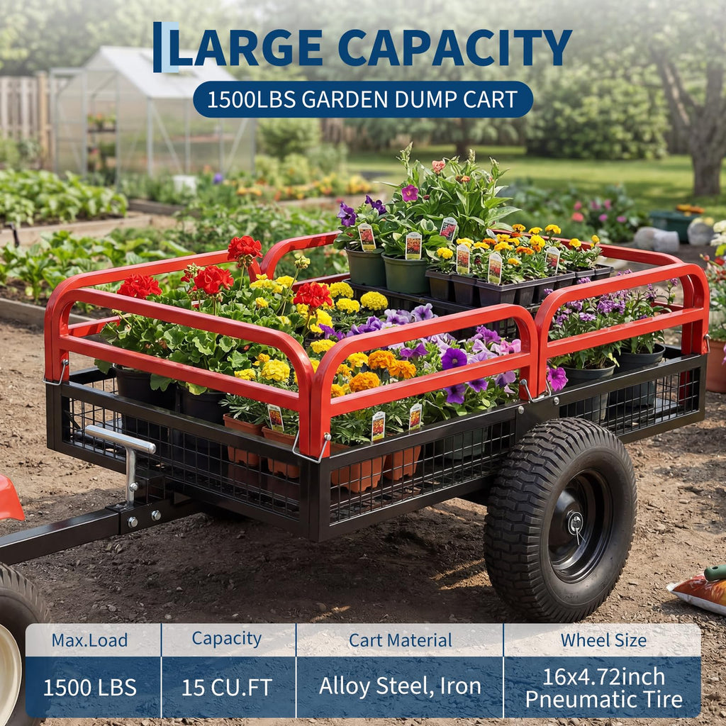 Garvee Dump Cart, 1500 lb Steel Garden Utility Wagon, True 15 Cu Ft Tow Behind ATV, UTV & Lawn Mower, Quick Release Dump, Removable Sides, Pneumatic Tires